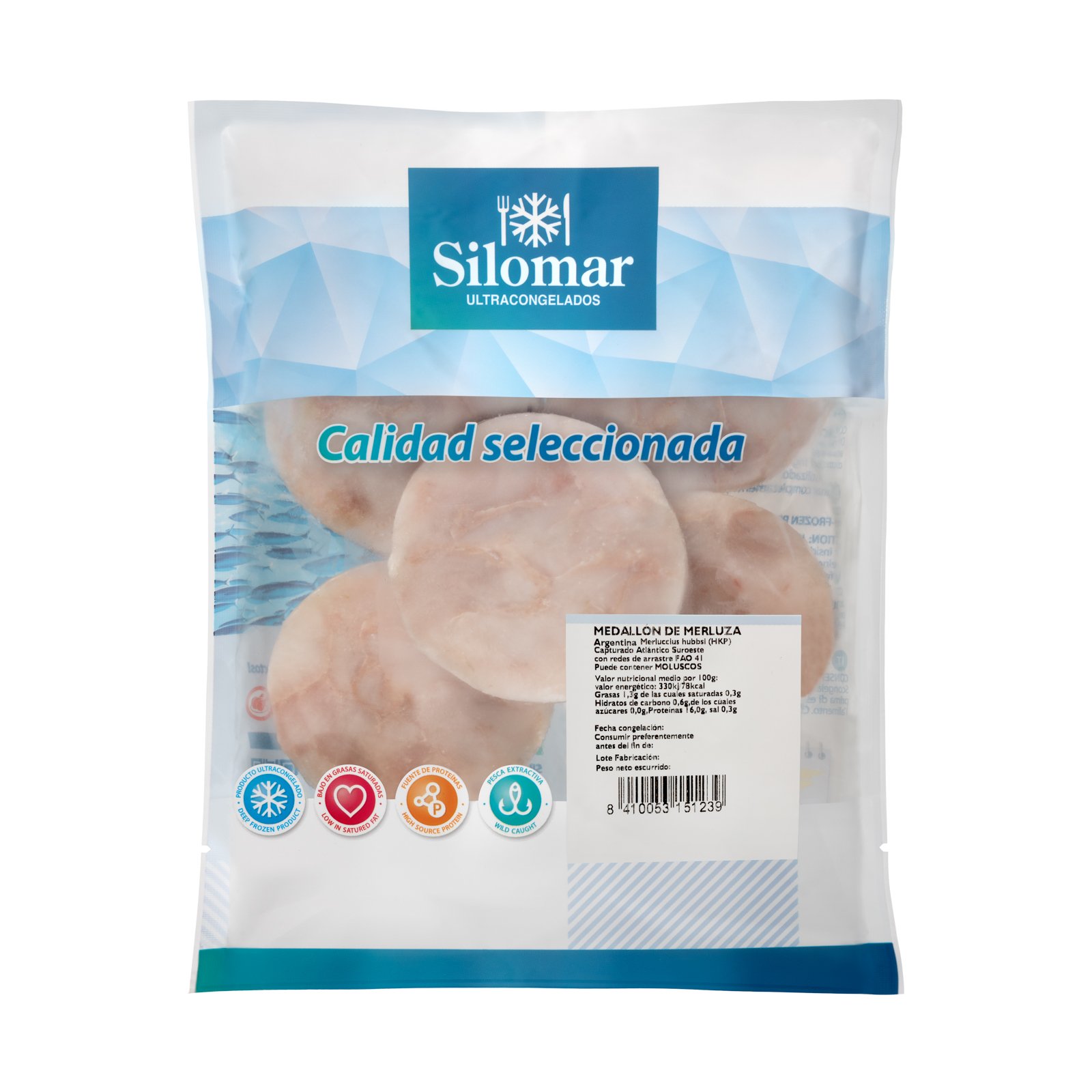 Medallón de merluza Silomar embolsado, fotografía de producto congelado para catálogo y promoción.