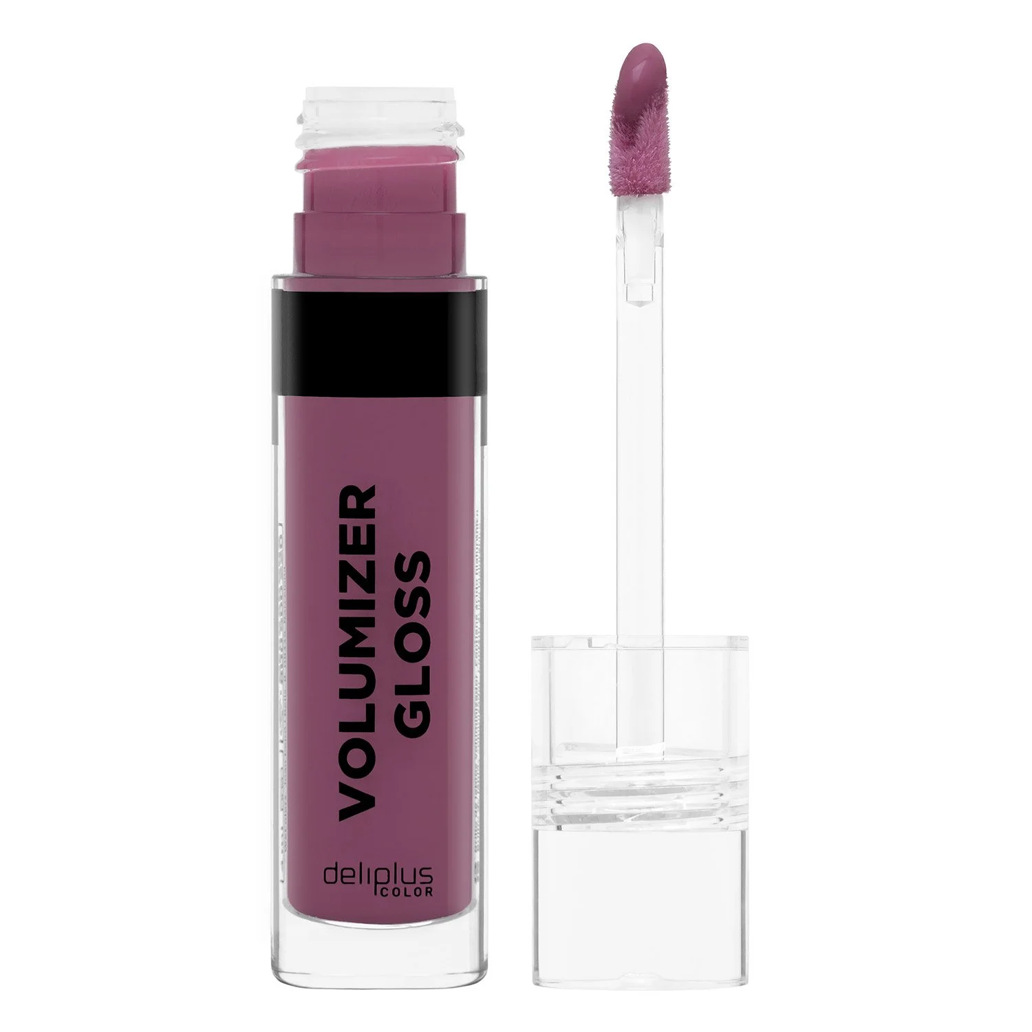 Brillo de labios morado sobre fondo blanco