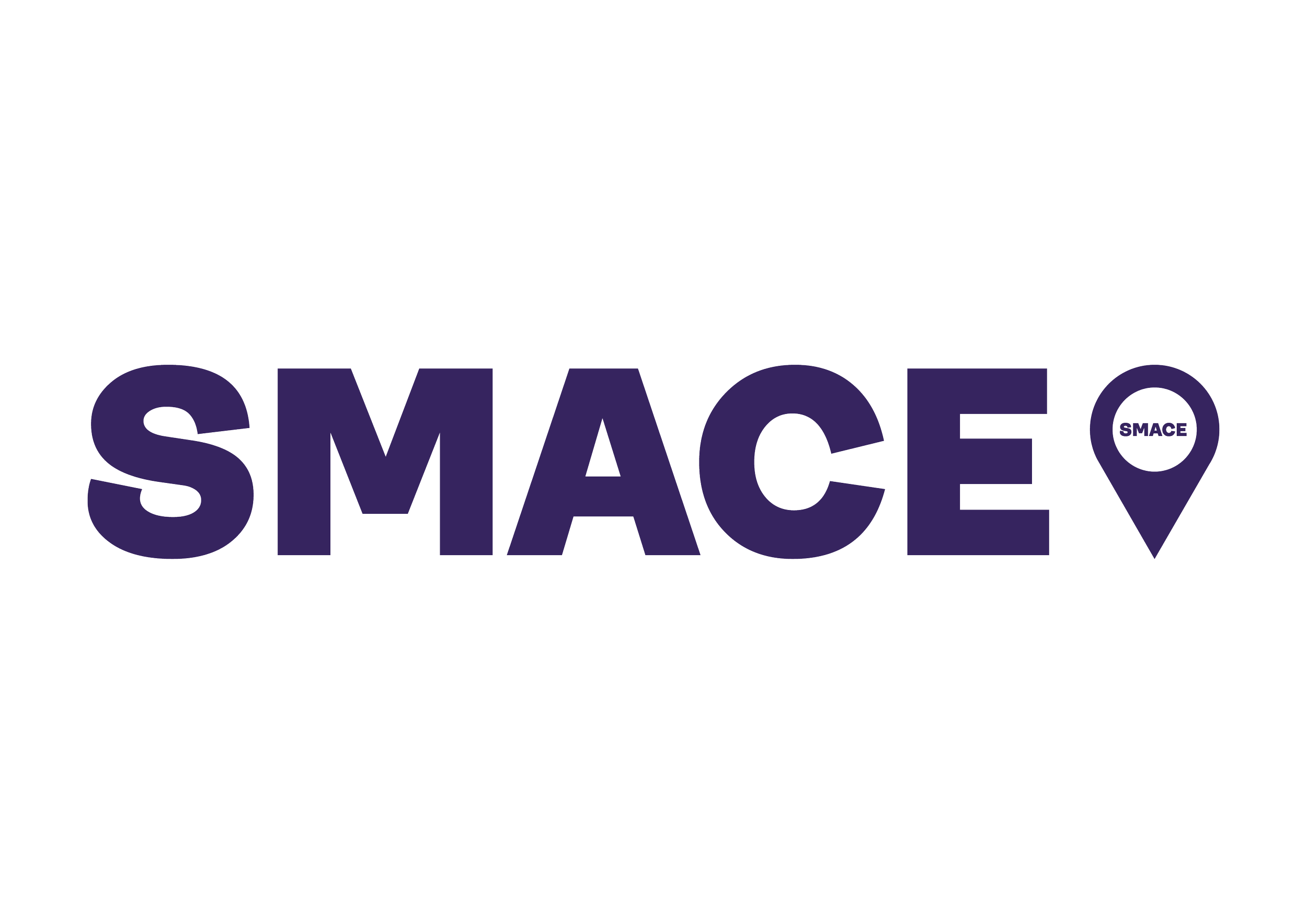 Graphic logo for the city of Smace featuring large black text with a purple location marker icon containing the word 'Smace' in smaller font.