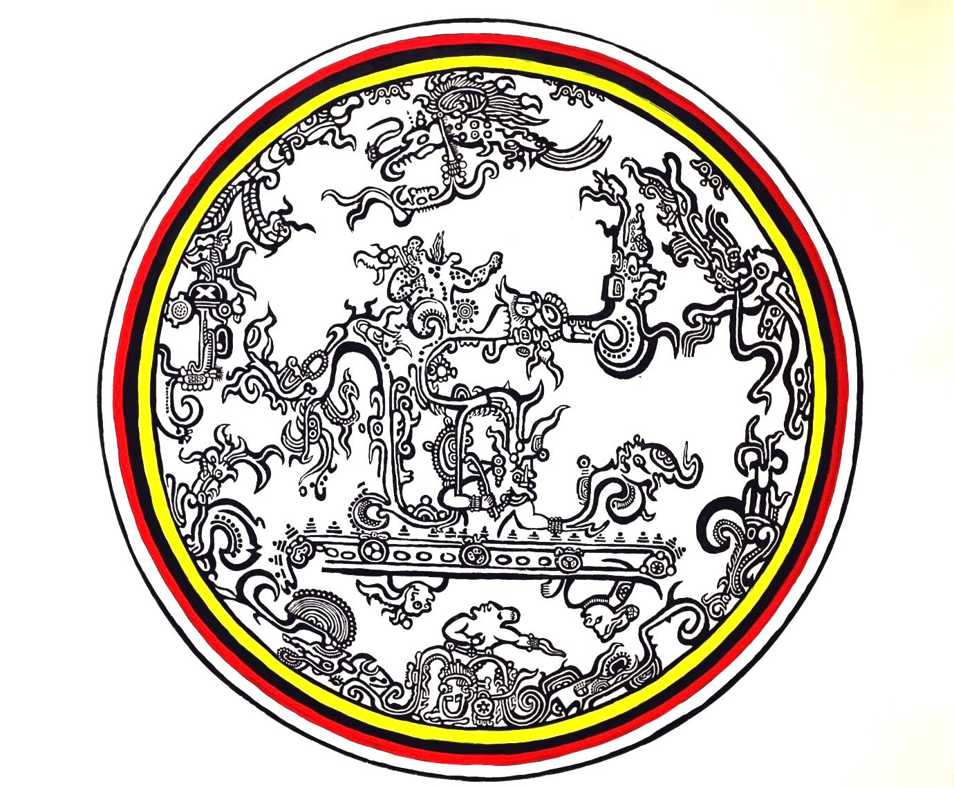"Cosmic Disc/Plate from Piedras Negras"
Woodcuts Print, Oil on Pellon, 40 inches diameters, 2018. The sky of this carving image had the general shape and body marks of the cosmic crocodile, but they also show deer hooves, the familiar deer ear, and s