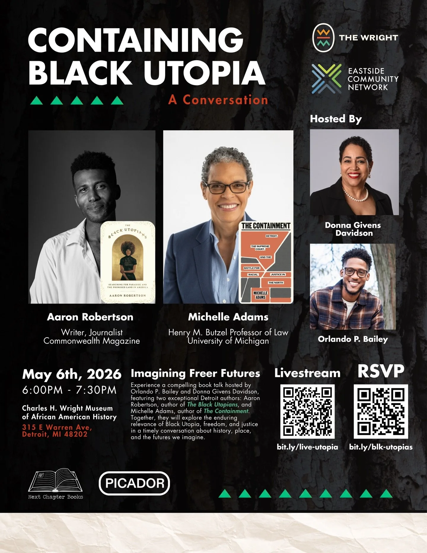 Imagining Freer Futures✨ 

Experience a compelling book talk at the Charles H. Wright Museum.

Hosted by Orlando P. Bailey and Donna Givens Davidson, in conversation with two exceptional Detroit authors&mdash;Aaron Robertson, author of The Black Utop