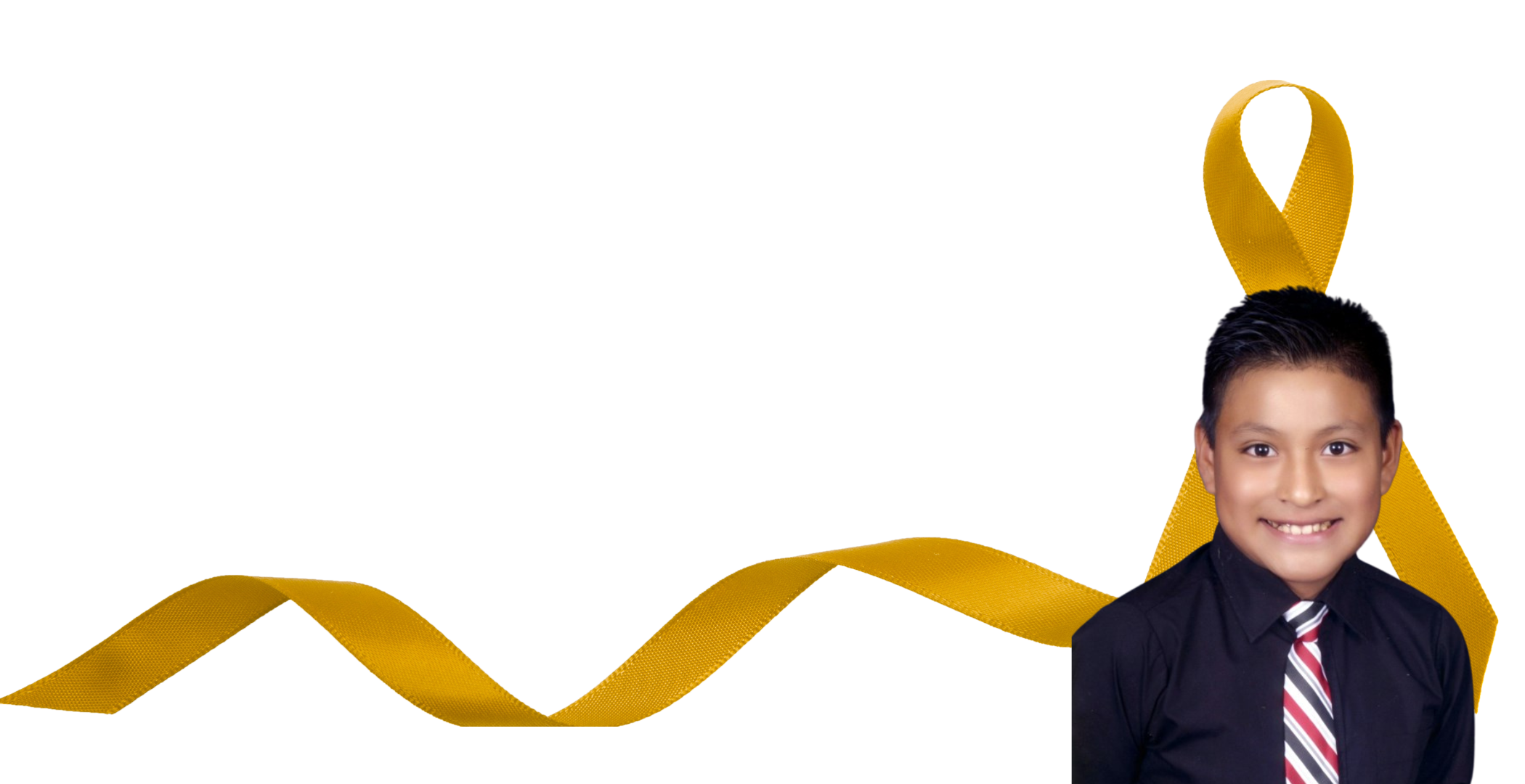 Smiling child in formal attire with a yellow ribbon in the background.