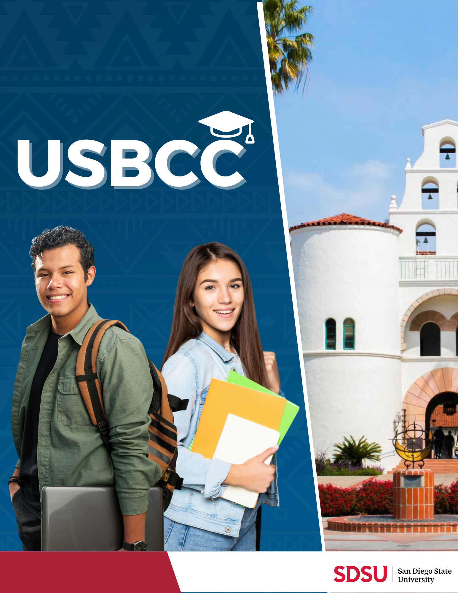 Two students with backpacks and notebooks stand in front of a blue background with the text "USBCC" and a graduation cap icon. The background splits to show a white building with Spanish-style architecture. SDSU San Diego State University logo is at the bottom.
