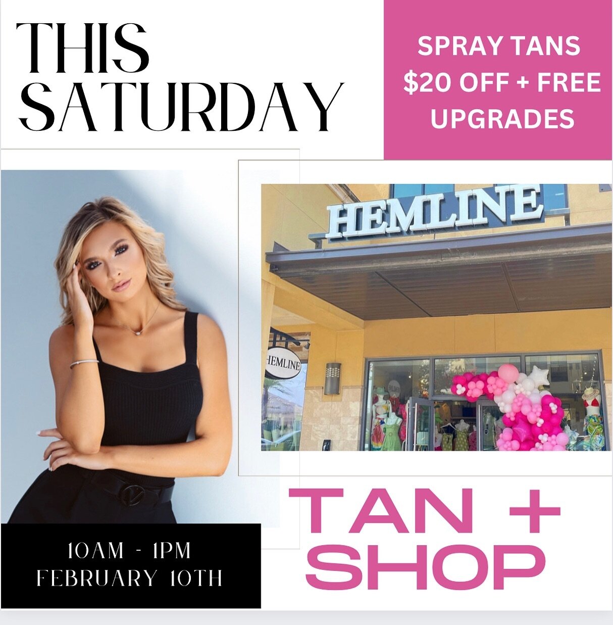 THIS SATURDAY from 10AM - 1PM I will be at @hemlinesouthwalton offering customized spray tans for $20 off + free upgrades! RESERVE YOUR APPOINTMENT by texting 850-979-5354. I would love to get you bronzed for Valentine&rsquo;s Day! 🩷
#miramarbeach #