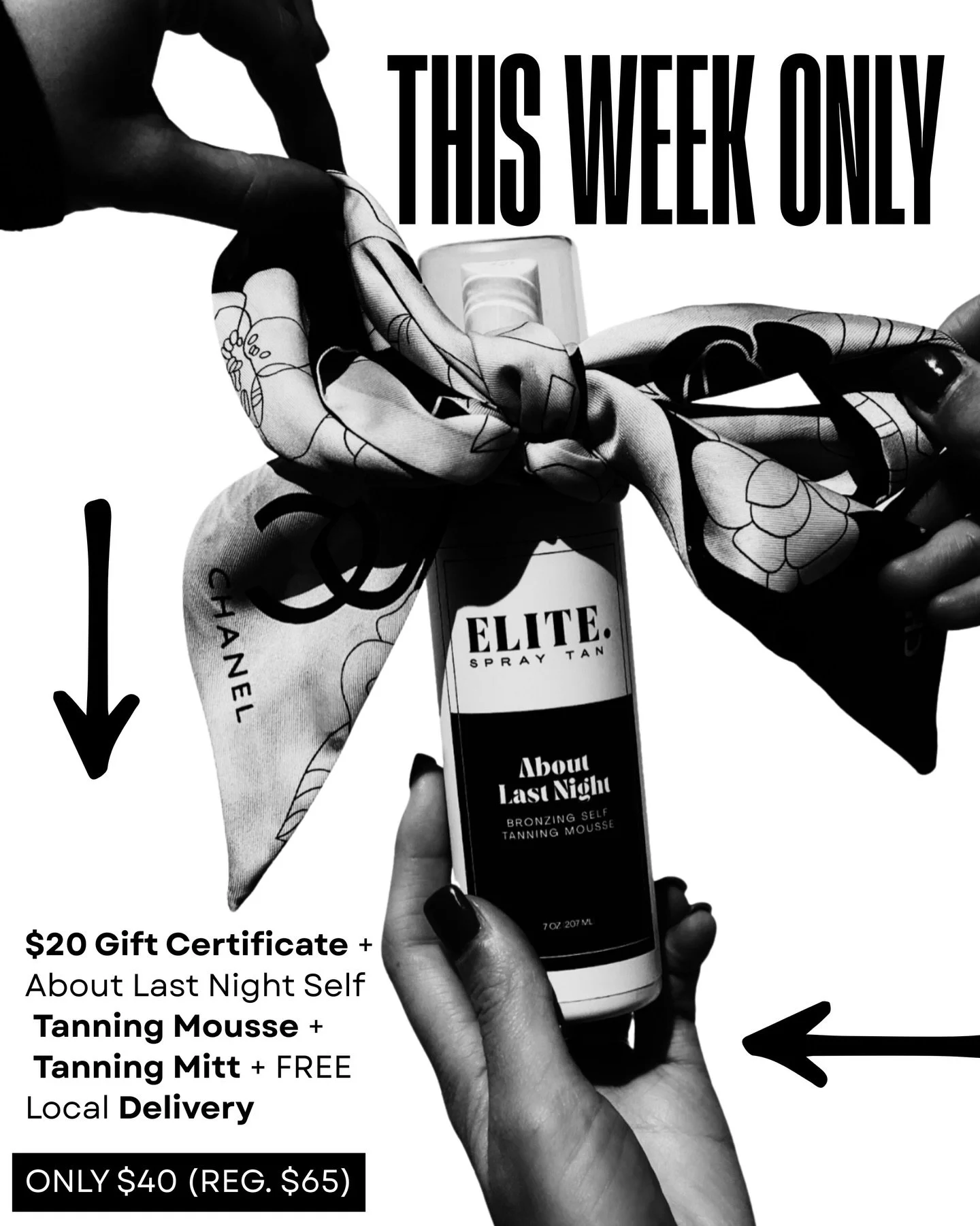 THIS WEEK ONLY! Elite Spray Tan is offering: 
💲20 OFF gift certificate towards a mobile spray tan
🖤 Bottle of the About Last Night Self Tanning Mousse
🪩 Elite Applicator Mitt 
🚛 FREE local delivery at your doorstep 
&hellip; for only $40! DM OR T