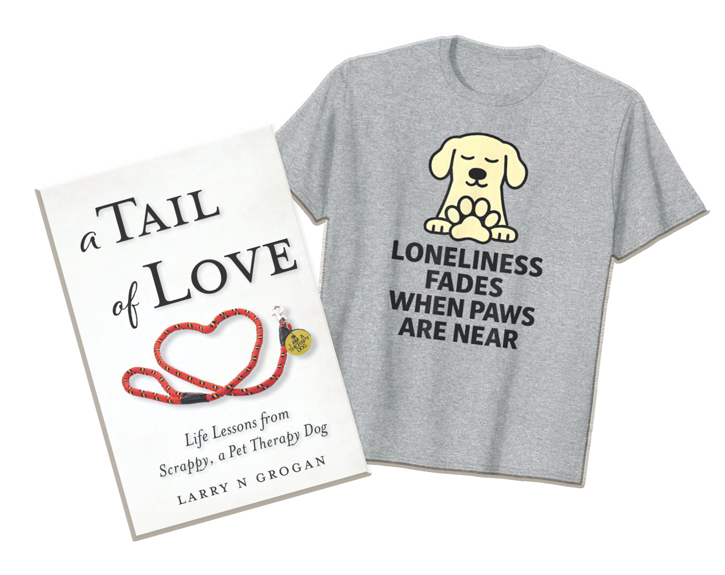 gray shirt with dog and book a tail of love