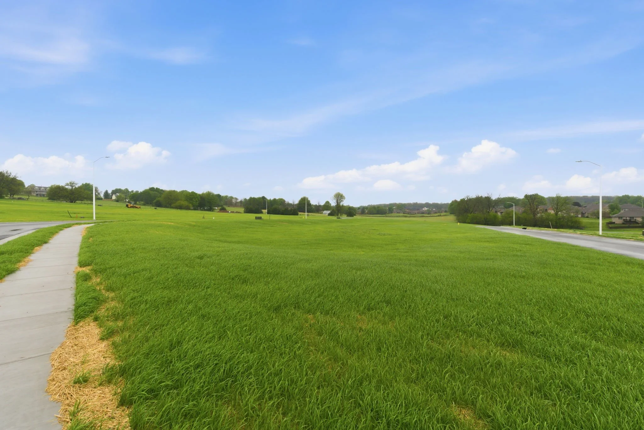 Green field with a sidewalk along the left side, a few trees, and a clear blue sky with some clouds. There are houses and streetlights in the background.