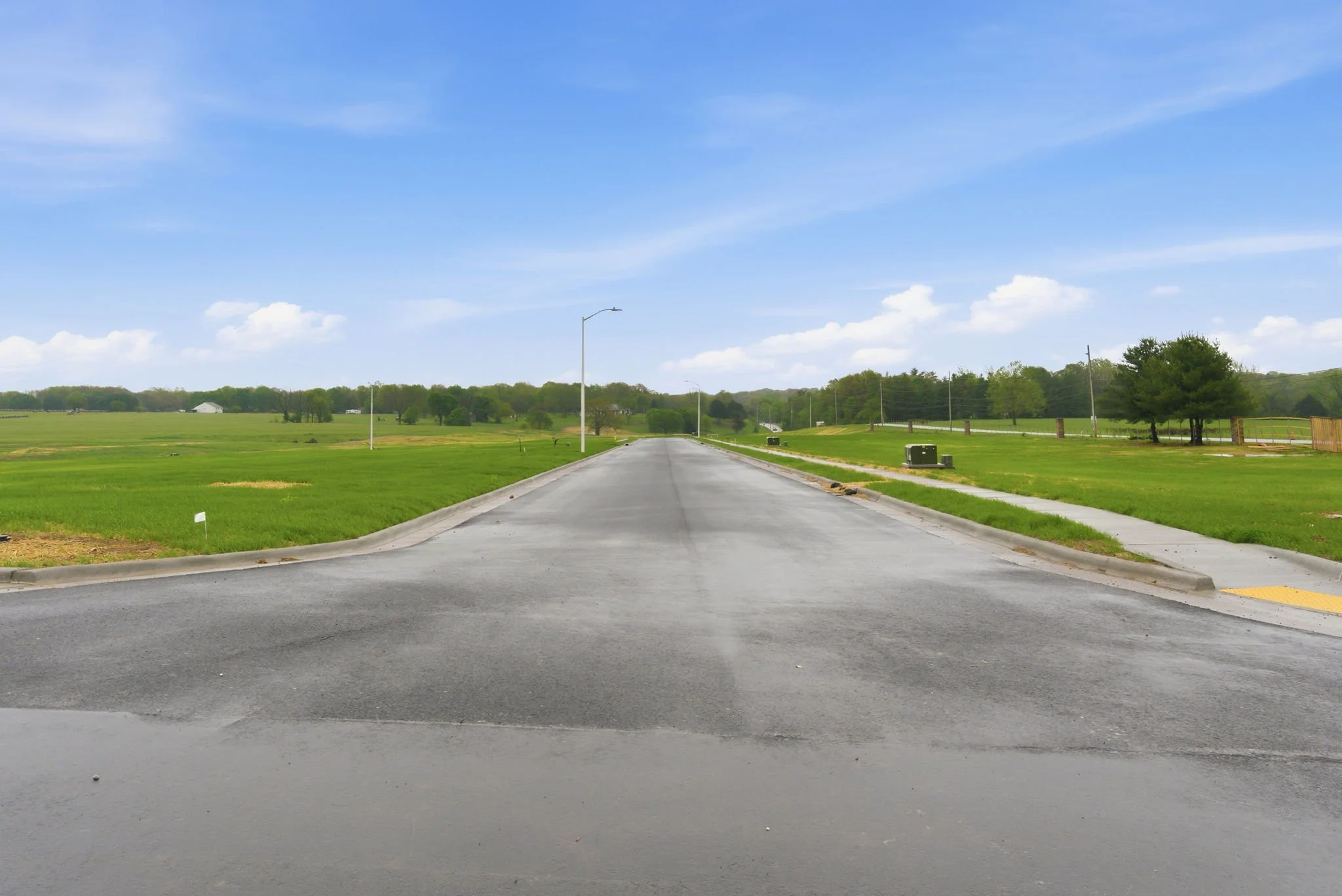 A paved road extending into the distance through a green grassy area with trees, lamps, and utility poles under a partly cloudy blue sky.