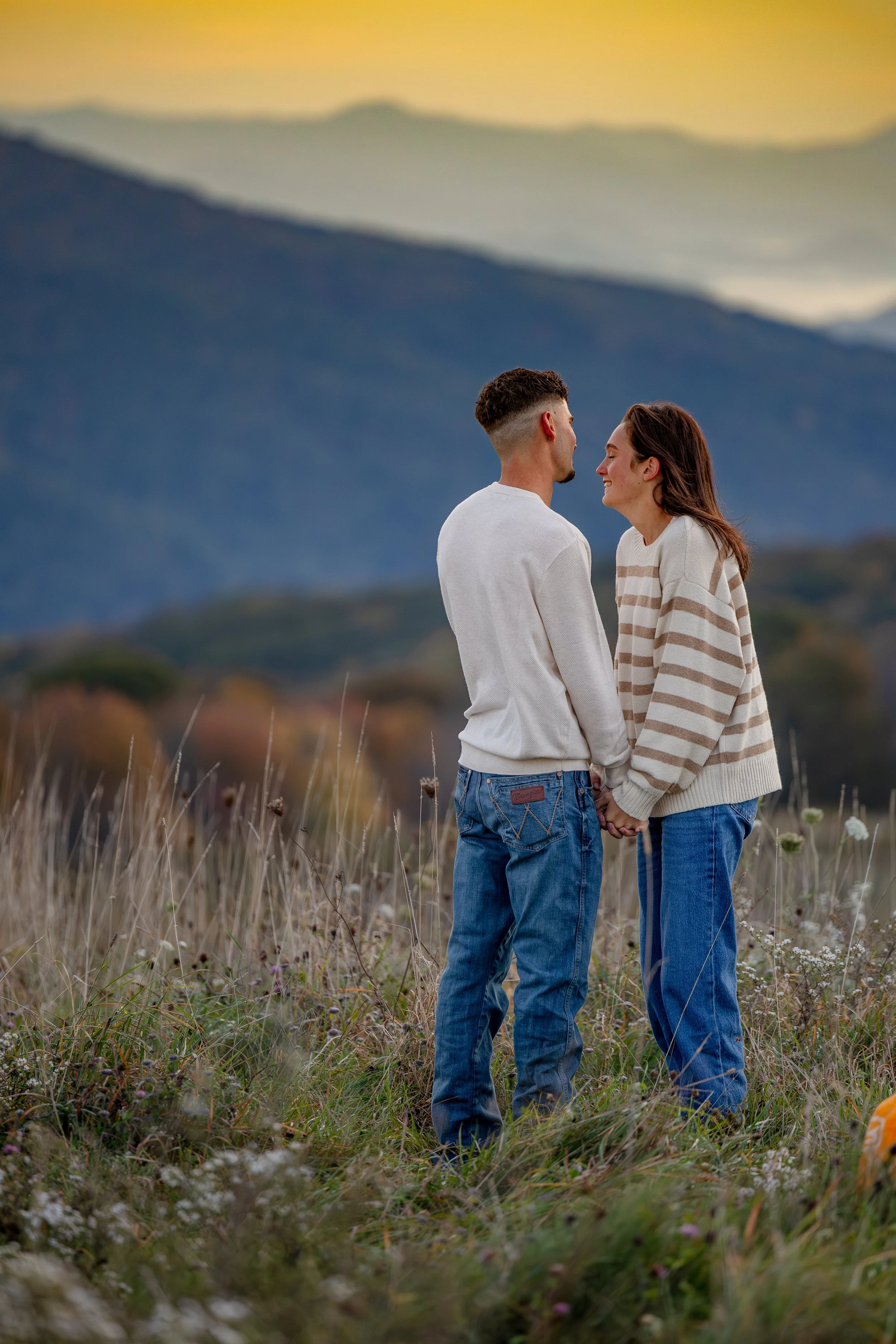 Newly engaged couple holding hands and smiling at each other during their Max Patch proposal session.
