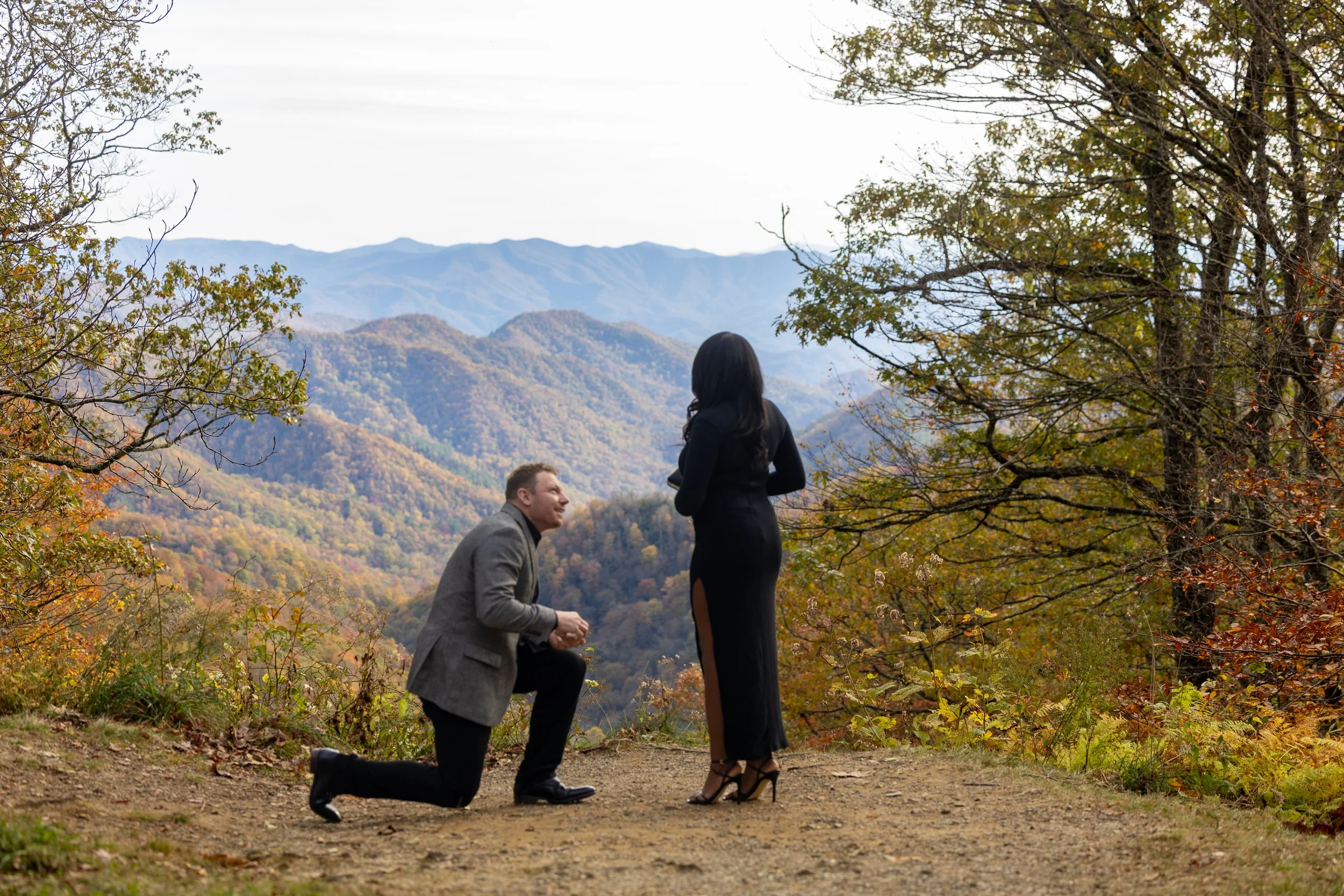 Man kneels to propose at a quiet Smoky Mountains overlook surrounded by colorful fall foliage and mountain views.