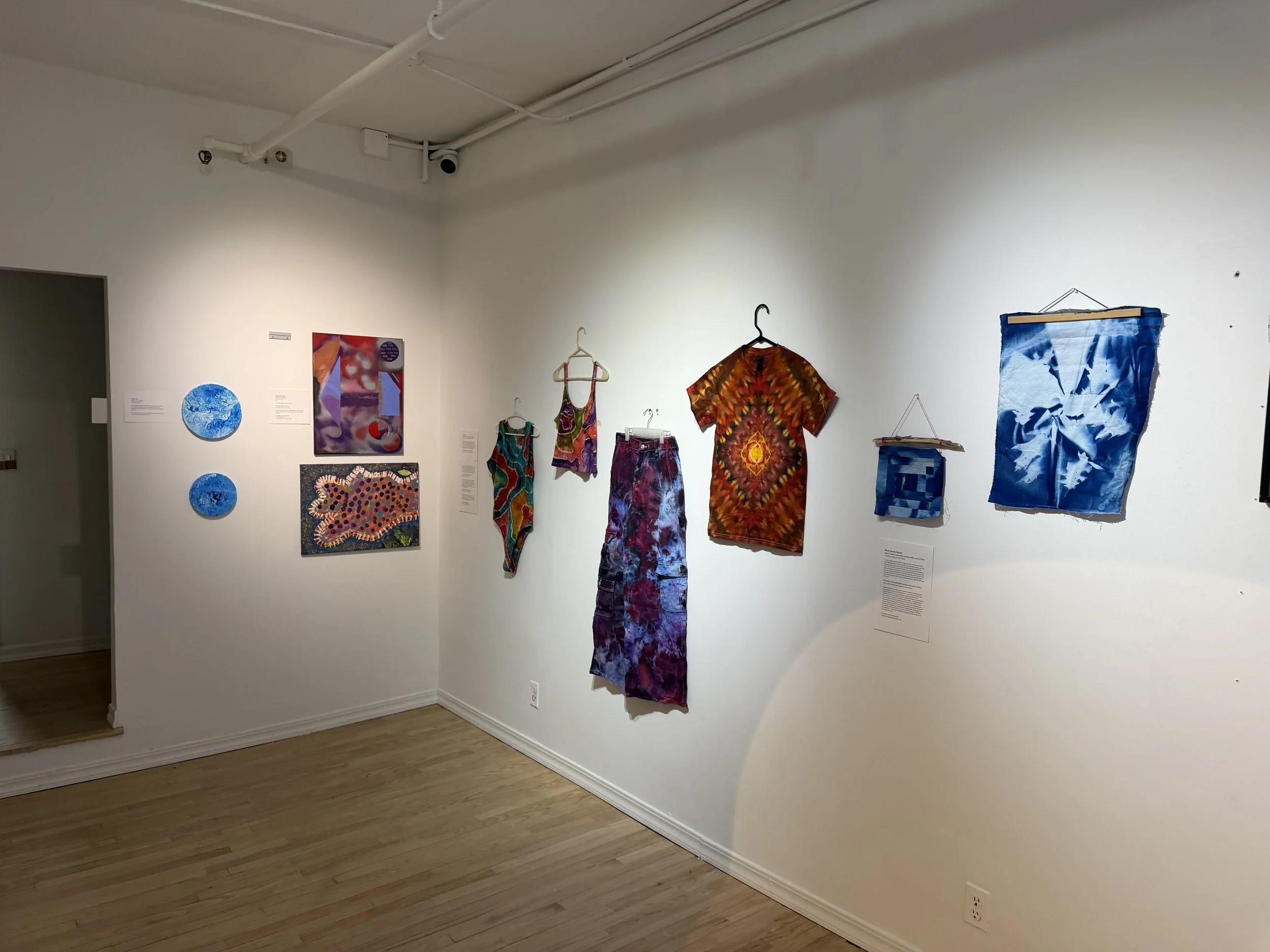  Photo of wall in the gallery space, showing abstract paintings and textile works.   