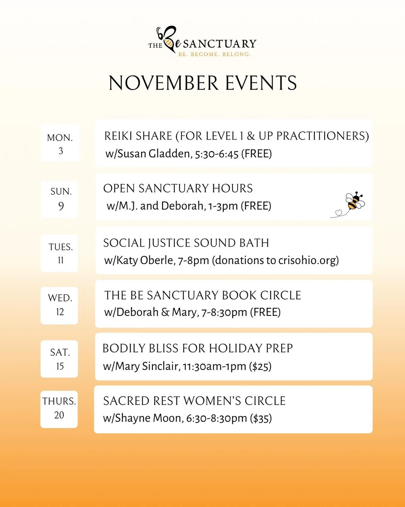 November events at BE! 🍁

.
.
.
@yogalovesusan @katyoberle @iamshaynemoon_goddess #bebecomebelong