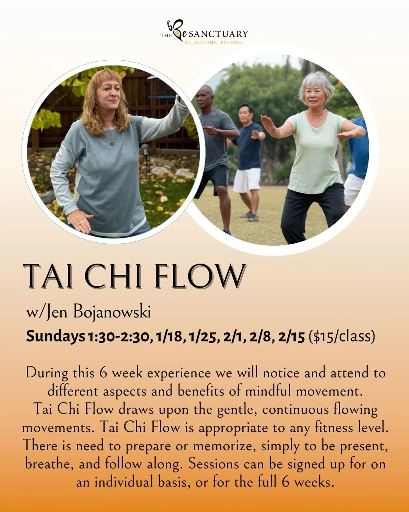 🙏During this 6 week experience we will embark on a &ldquo;noticing and attending&rdquo; to different aspects and benefits of mindful movement.

🙏Tai Chi Flow draws upon the gentle and continuous flowing movements from the Tai Chi and Qigong traditi