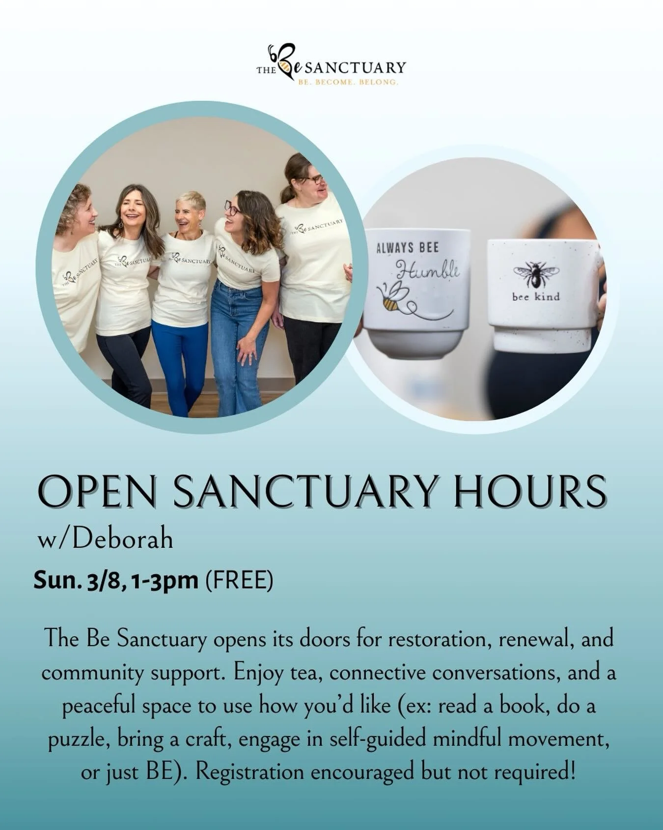 🏠🐝 Our next Open Sanctuary Hours is Sun. 3/8, 1-3pm! This is a casual time to connect with others, explore our space, or just make yourself some complimentary tea and snuggle up with a book or craft. All are welcome! Please RSVP if possible, and br