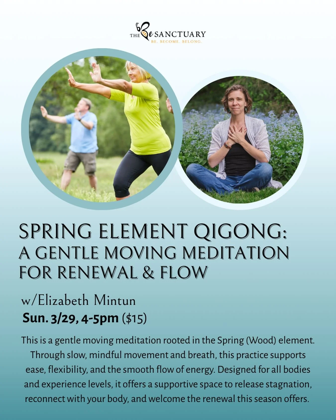 🌸 Join Elizabeth @thecalmingground for a Spring-themed Qi Going practice! Qi Gong uses gentle movements to optimize energy within the body, mind and spirit, to support holistic well-being!

➡️ Sign up at our link in bio or at www.thebesanctuary.org/