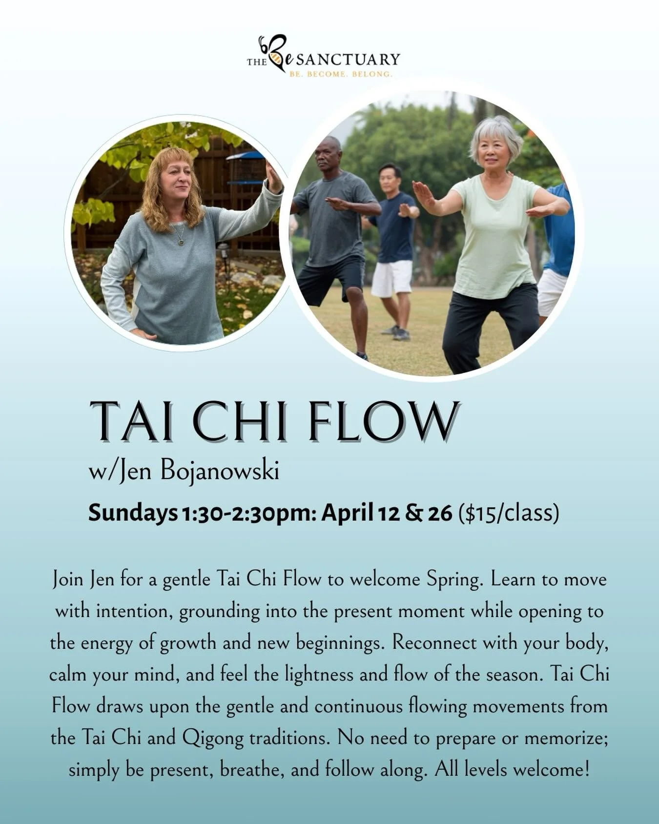 🙏 Never tried Tai Chi? It&rsquo;s a gentle way to reconnect with your body and calm your mind. 

🙏 Jen will guide you through gentle and continuous flowing movements from the Tai Chi and Qigong traditions. 

🙏 No need to prepare or memorize; simpl