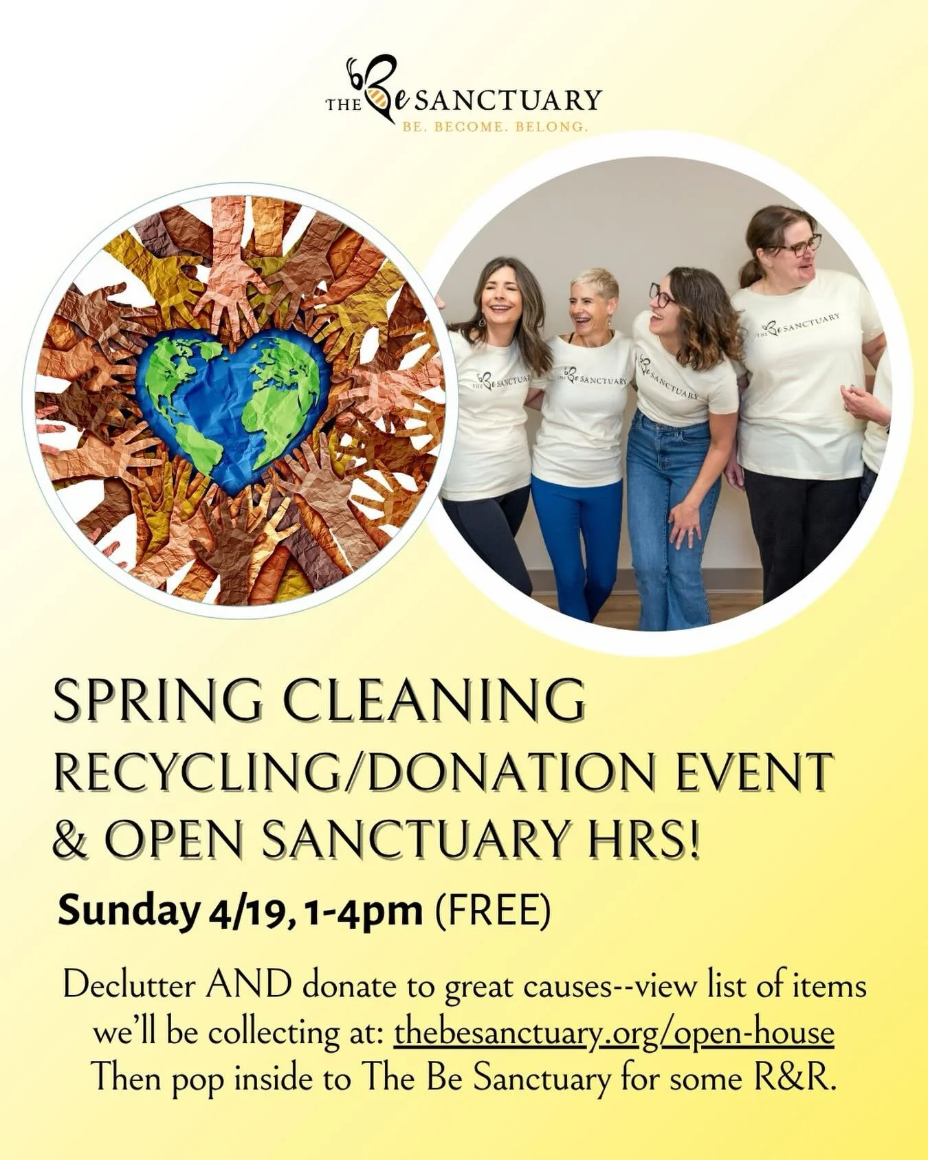 ♻️🌎 Put your spring cleaning energy to good use and donate unwanted items at our 4/19 recycling event, out in front of our Be Sanctuary building (3360 Tremont Rd)! Head to thebesanctuary.org/open-house to see the list of requested items.

🏠🐝 Our s