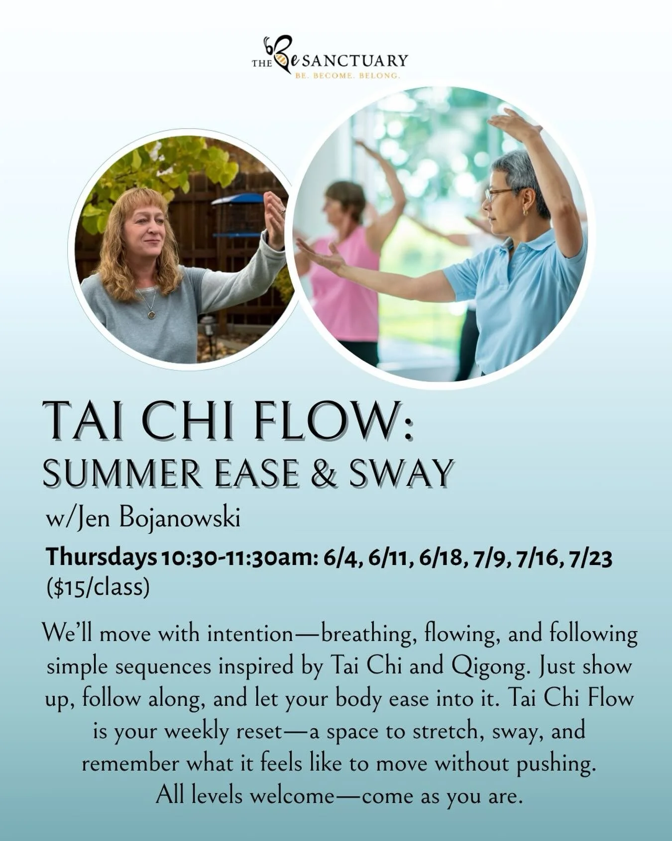 🌸Join Jen for a gentle Tai Chi Flow Thursday mornings in June and July, and soak in the rhythm of summer.

✨Think fresh air, open space, and movement that feels more like a sway than a stretch. Together, we&rsquo;ll step out of the busyness of the s