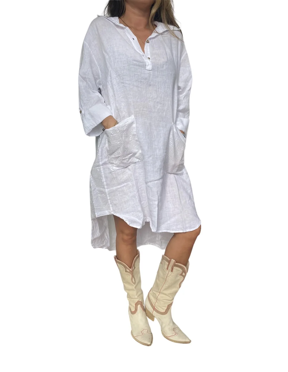 RIDLEY white linen shirt dress with payettes ROMP ATELIER RIDLEY white linen shirt dress with payettes ROMP ATELIER