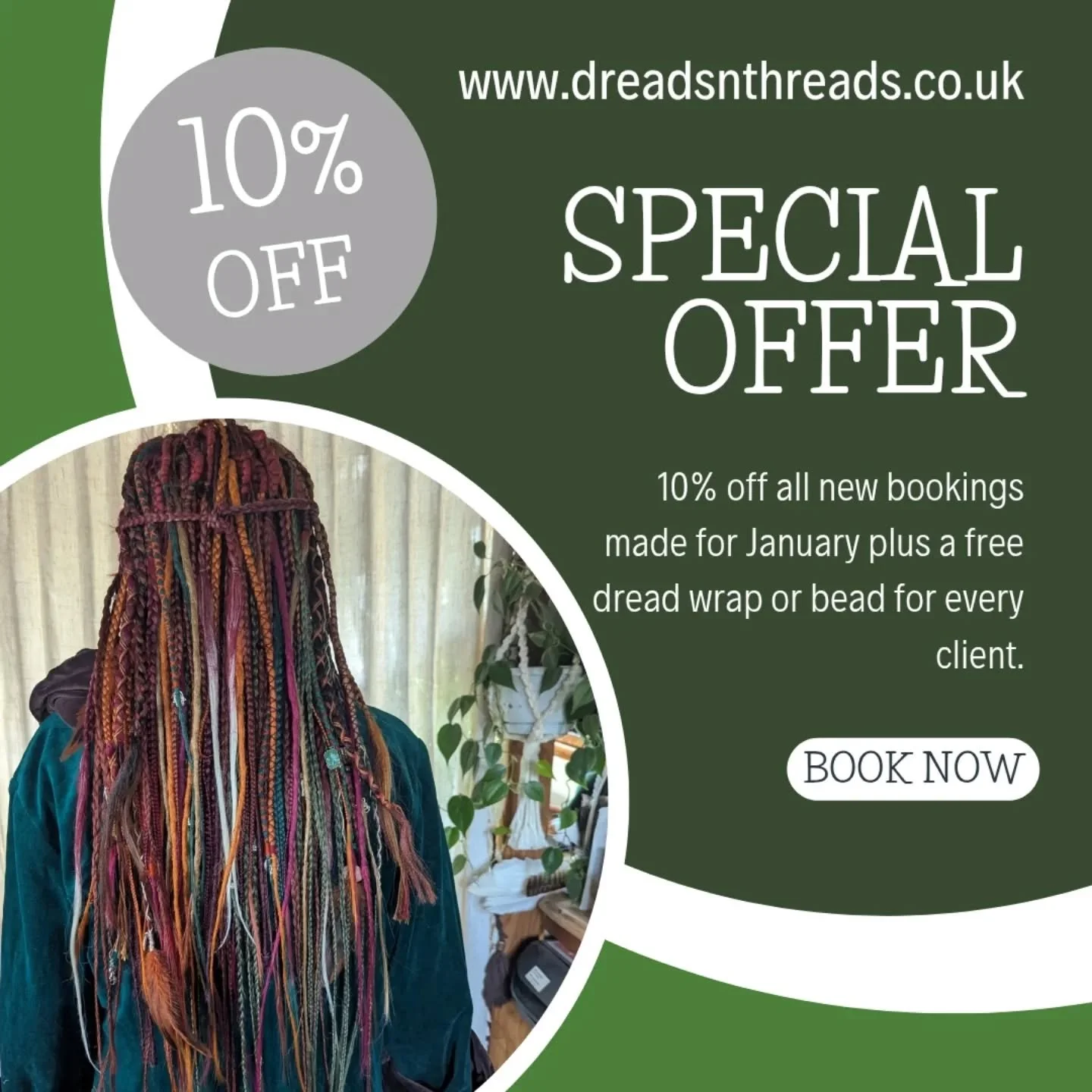Calling all dread heads and wannabe dread heads with a sense of adventure! 

I am offering a 10% discount on ALL dread work for all new bookings in January (cost of any human hair not included), PLUS a free dread wrap or bead.

Services available: 

