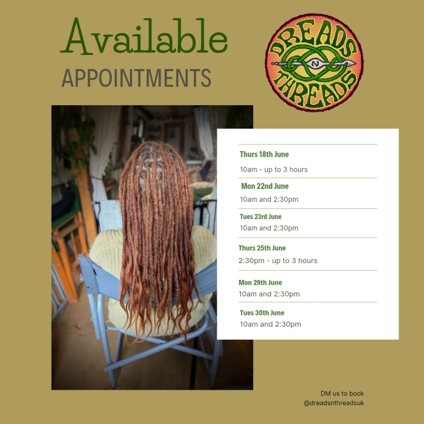 Hi loves, 

I have a few appointments left at the end of the month I would love to fill. 

I have space for:

Dread maintenance 
Dread rescuing/repair/restyles
Dread creation with or without extensions
Synthetic extension installs
Fresh ends 
Custom 
