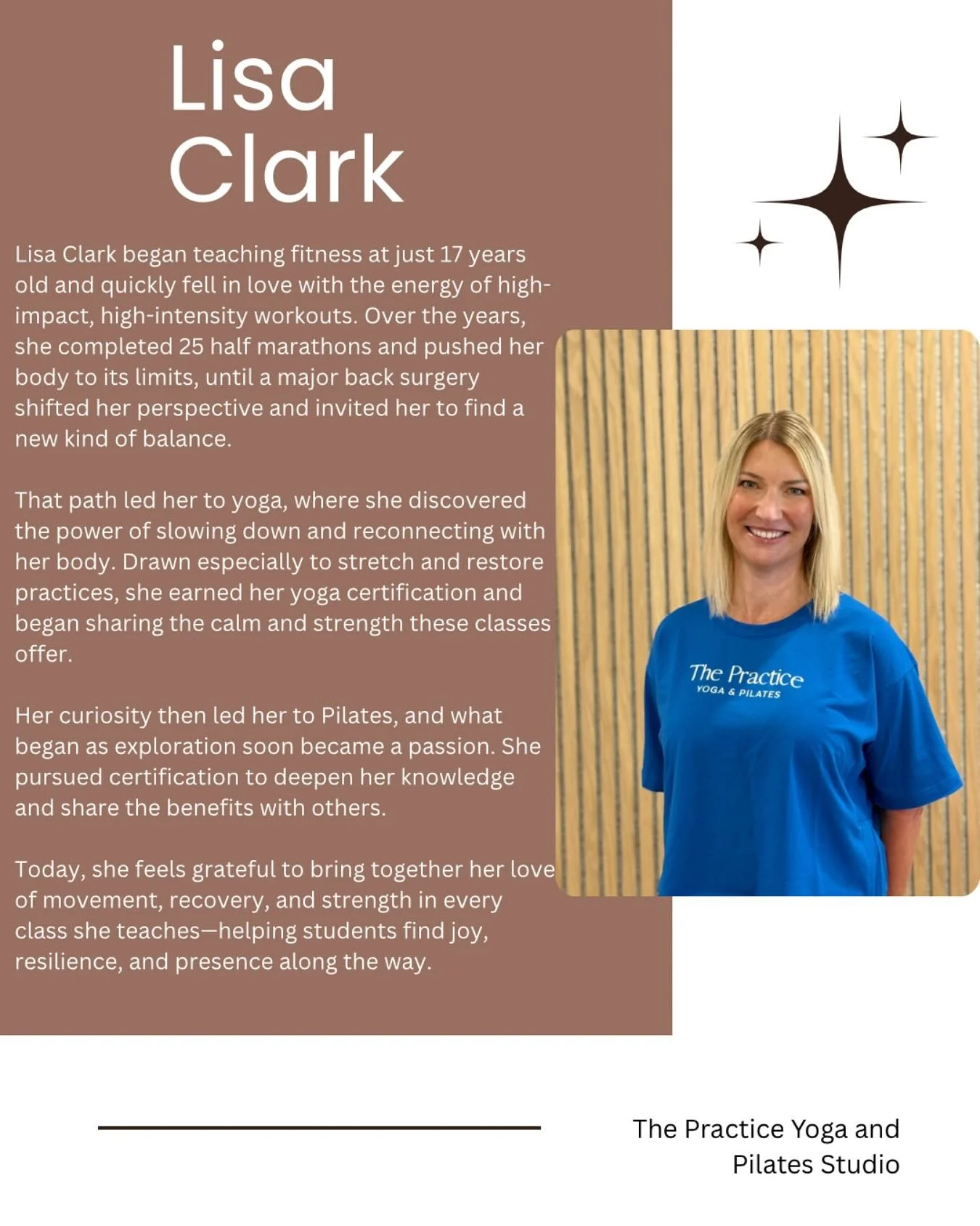 ✨Instructor Spotlight✨
Meet Lisa!! She teaches Mat Pilates every Wednesday at 5:30pm💫🫶🏽