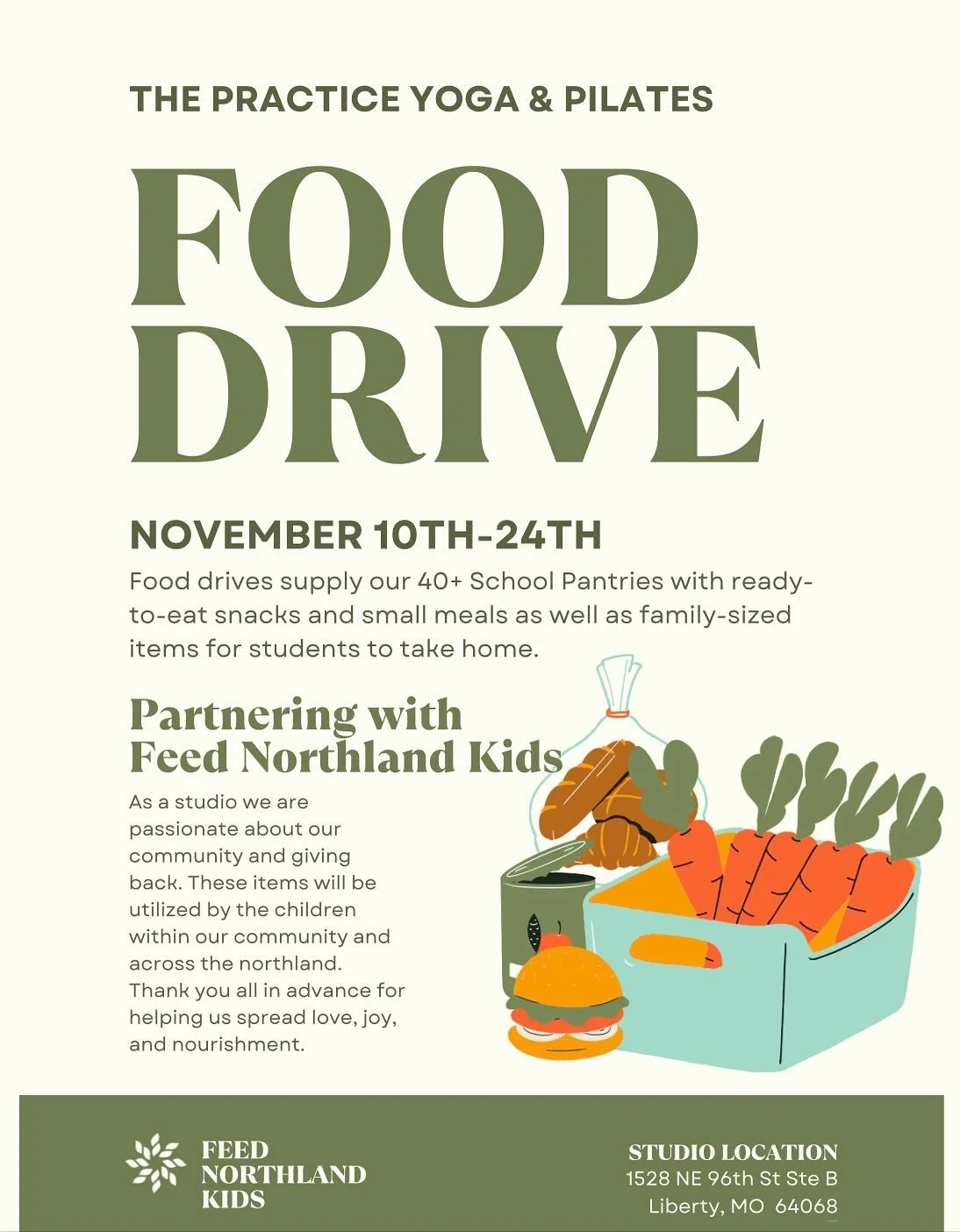 We are hosting a food drive! These items will directly impact kids in the Liberty Public School District and spanning across the Northland. Thank you all for being such a kind community. We feel so grateful to be able to give back🤎