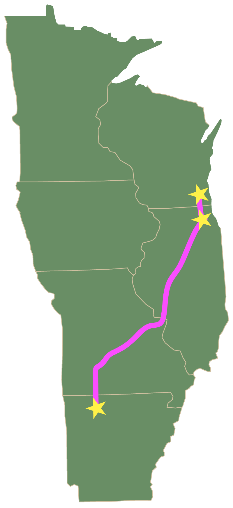 Map of Illinois showing a route from southern to northern Illinois marked with a pink line connecting three yellow stars along the route.
