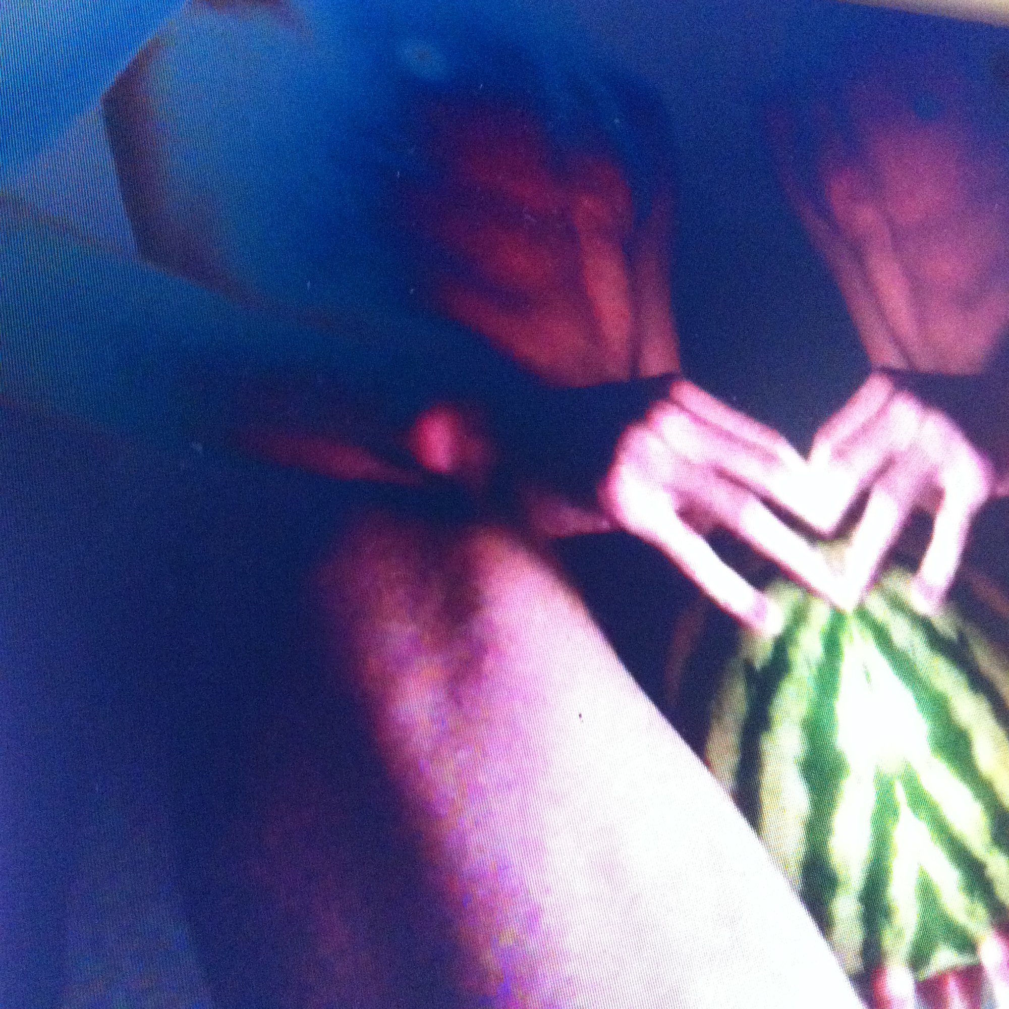 A person taking a selfie, showing part of their face, hand making a gesture, and a colorful skirt. The image is blurry and low resolution.