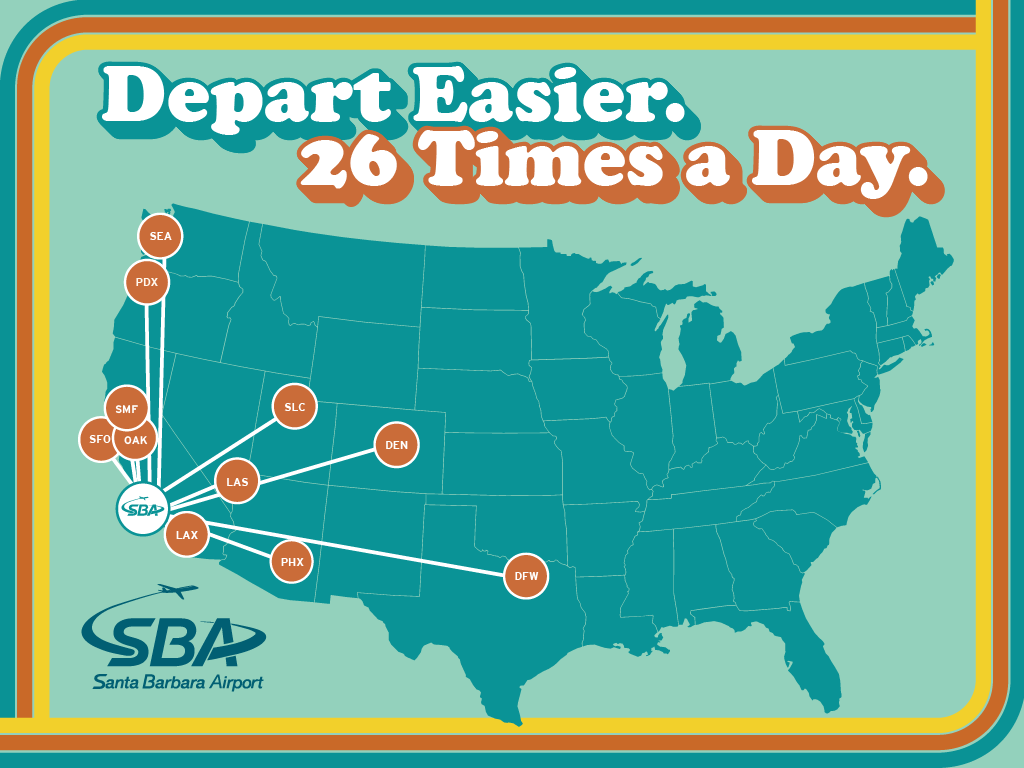 Route map ad reading "Depart Easier. 26 Times a Day."
