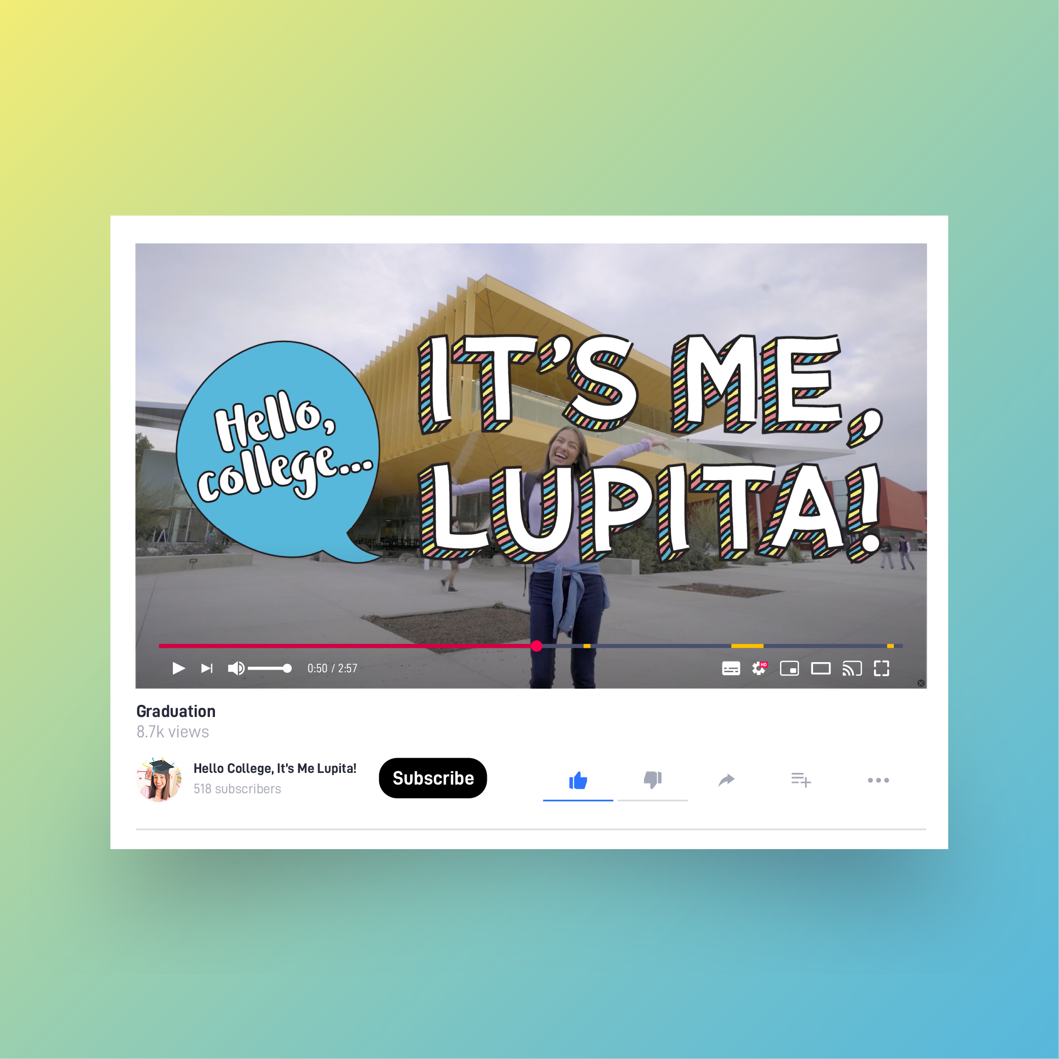 Screengrab from Youtube showing the title  "Hello College... It's Me, Lupita!"