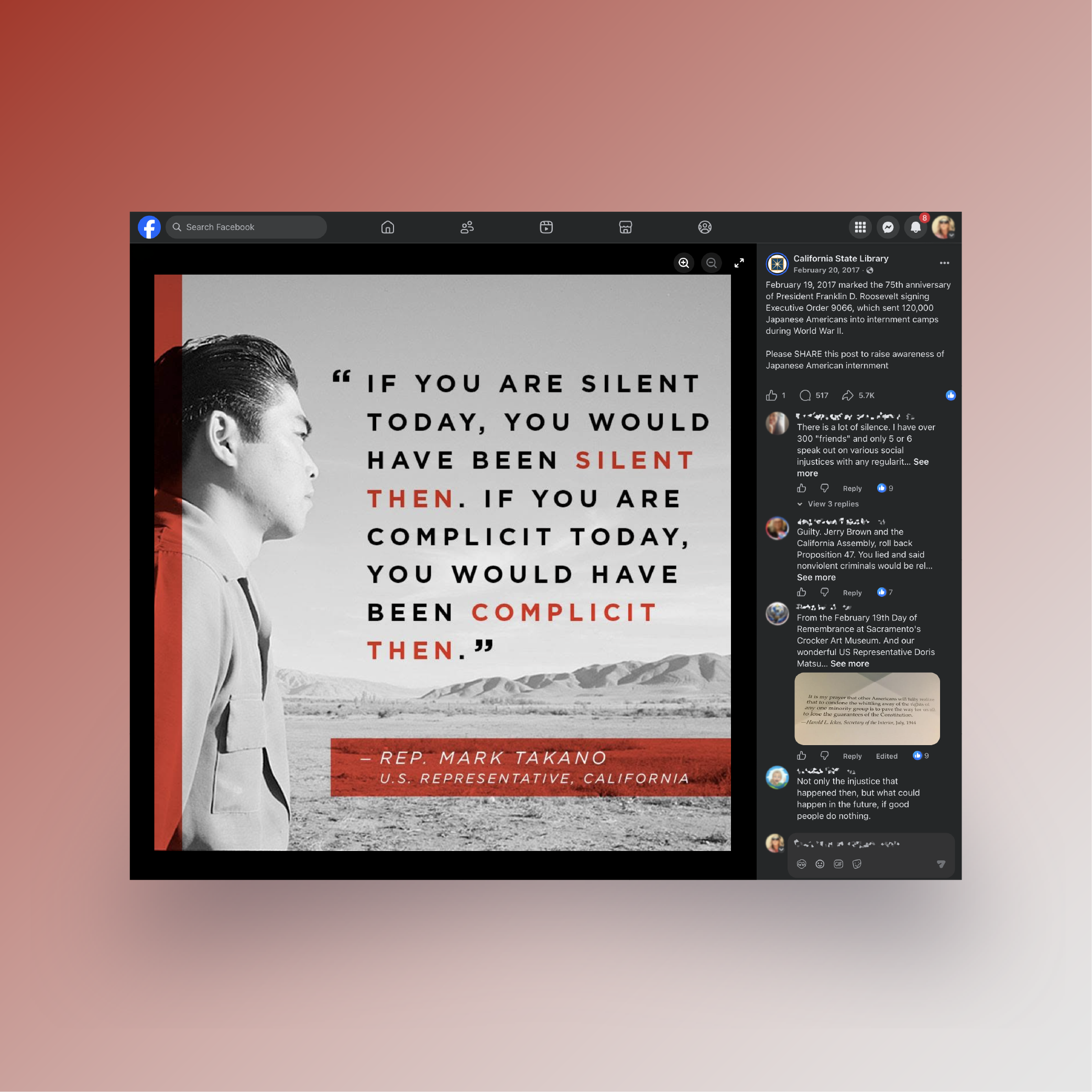 Facebook post showing historical Japanese Internment photo and quote by Mark Takano