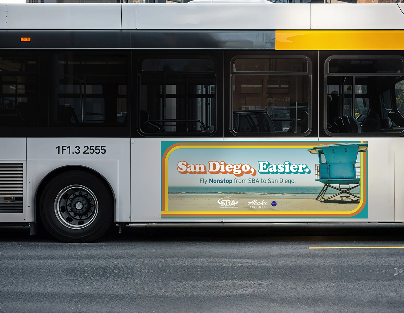 SBA ad on side of bus reading "San Diego, Easier."
