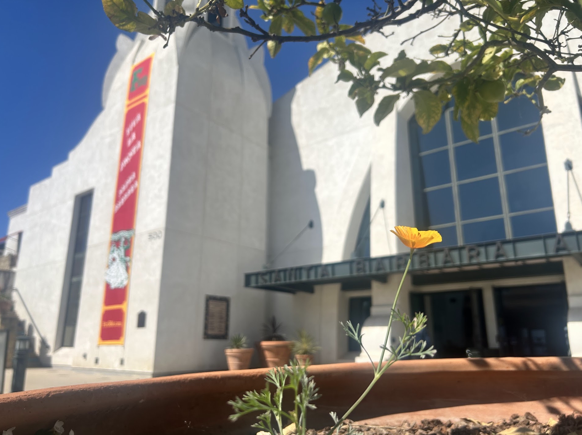 Santa Barbara Airport terminal exterior with a red banner and a poppy in the foreground.