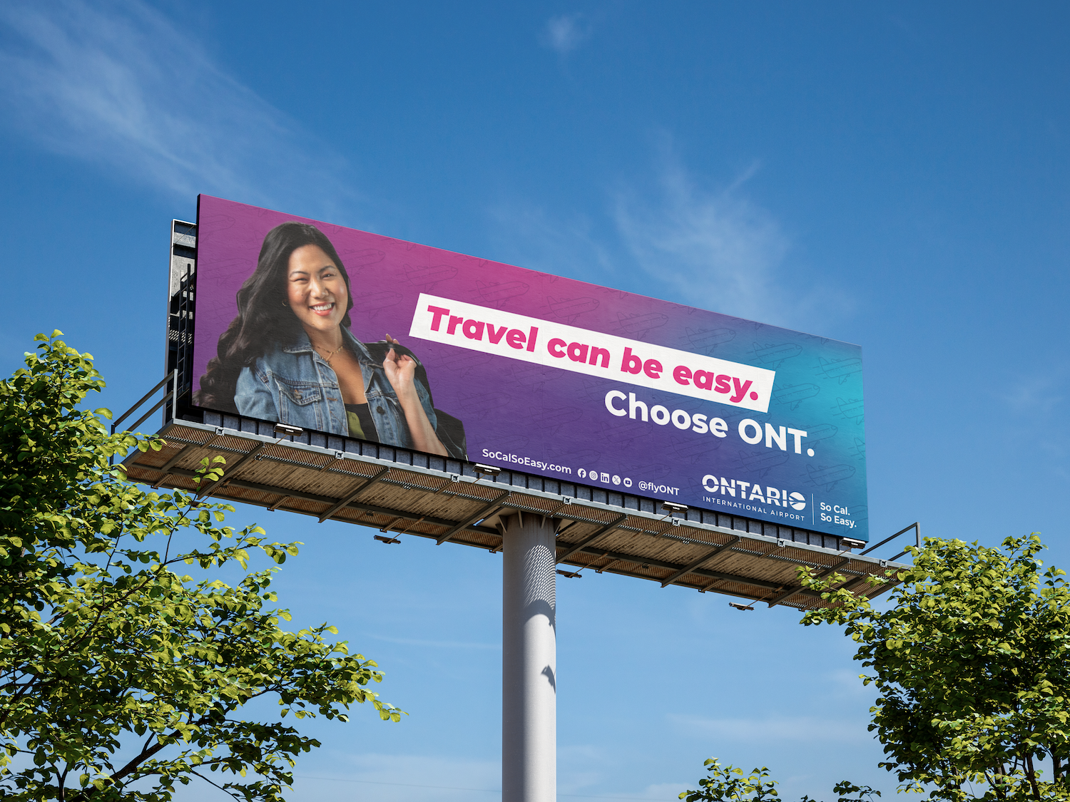 Ontario International Airport billboard reading "Travel can be easy. Choose ONT." • 