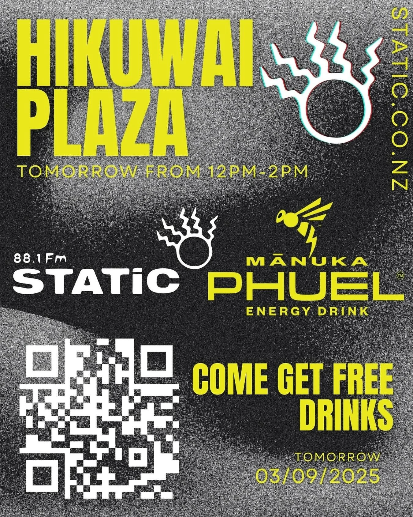 We&rsquo;re taking over Hikuwai Plaza from 12-2pm tomorrow! 

Free drinks 🥤 Good Music 🎵 Big Energy 🐝

#static881 #manukaphuel #freedrinks #phuelup