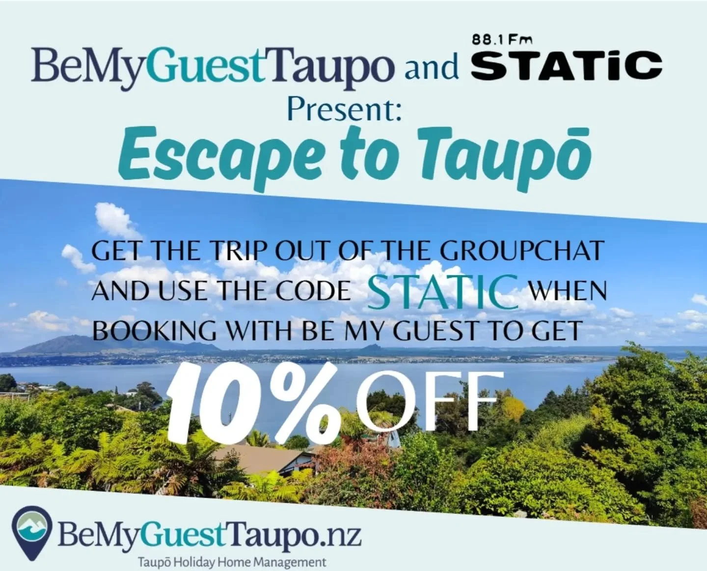 Looking for a getaway with your mates? Visit BeMyGuestTaupo.nz and use the code STATIC for 10% off