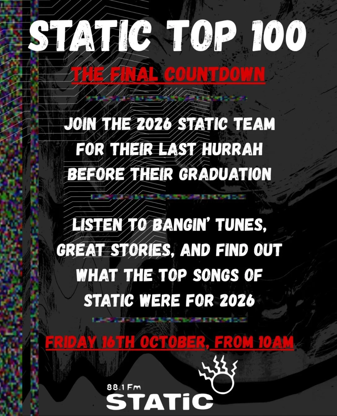Our last hurrah!
As the Static season for 2026 is coming to a close, the Staticians have decided to host a sort of on air goodbye party where they have put together a list of the top 100 Static songs of all time (in 2026) with a Top 10 countdown at t