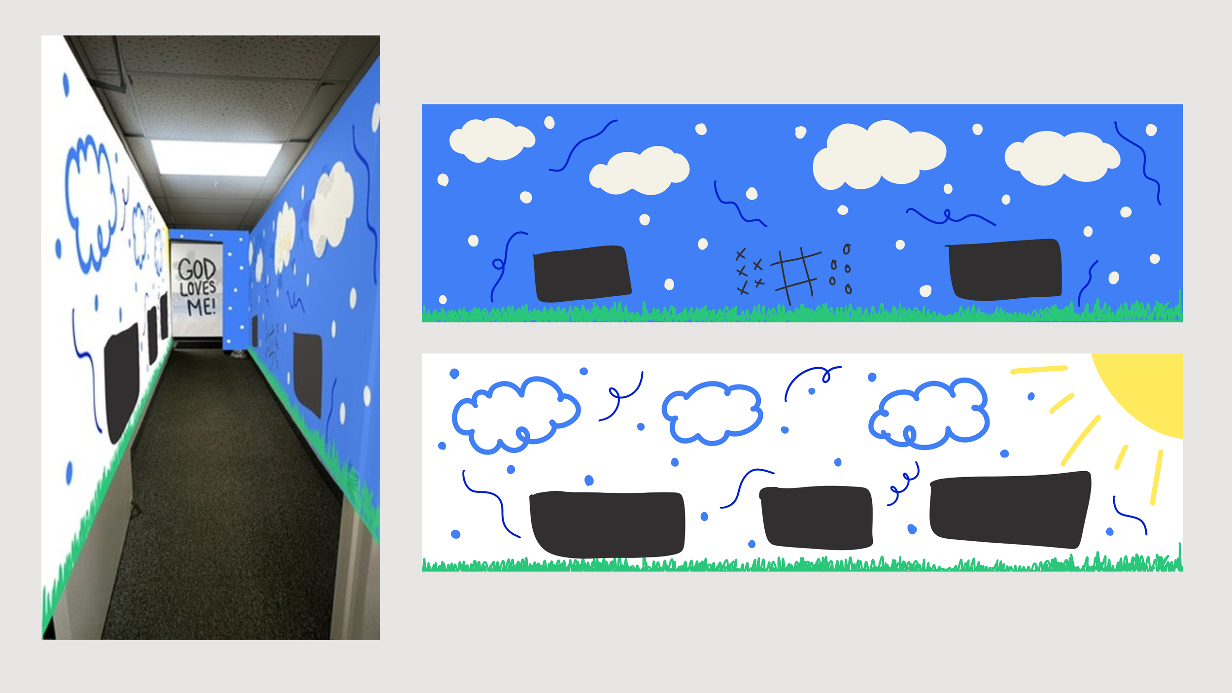 NCC Kids Nesconset Christian Church Children's Ministry Hallway 02 Clouds Swirls Sun Murals Illustrated Mockup