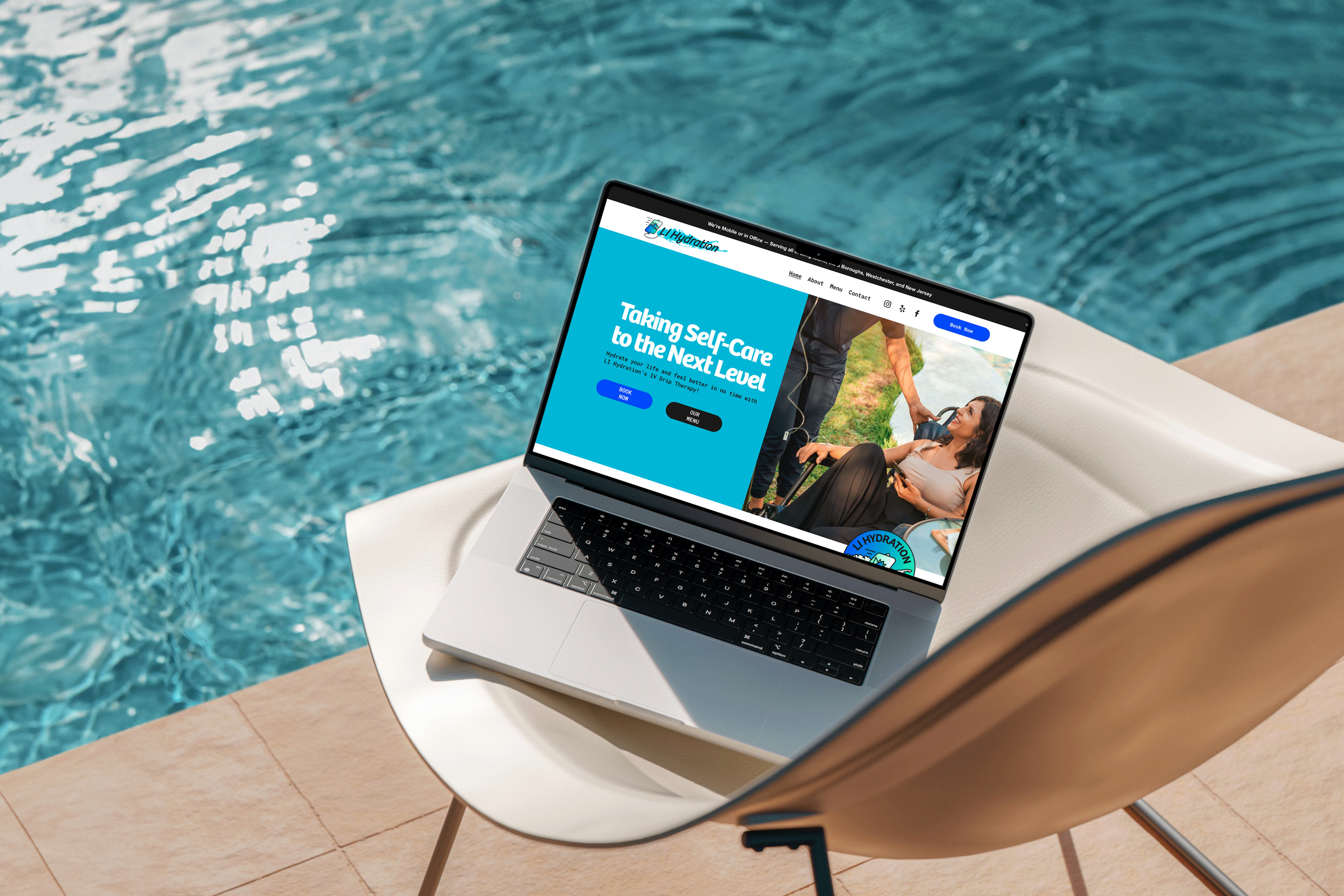 LI Hydration Website Mockup on a laptop by the water