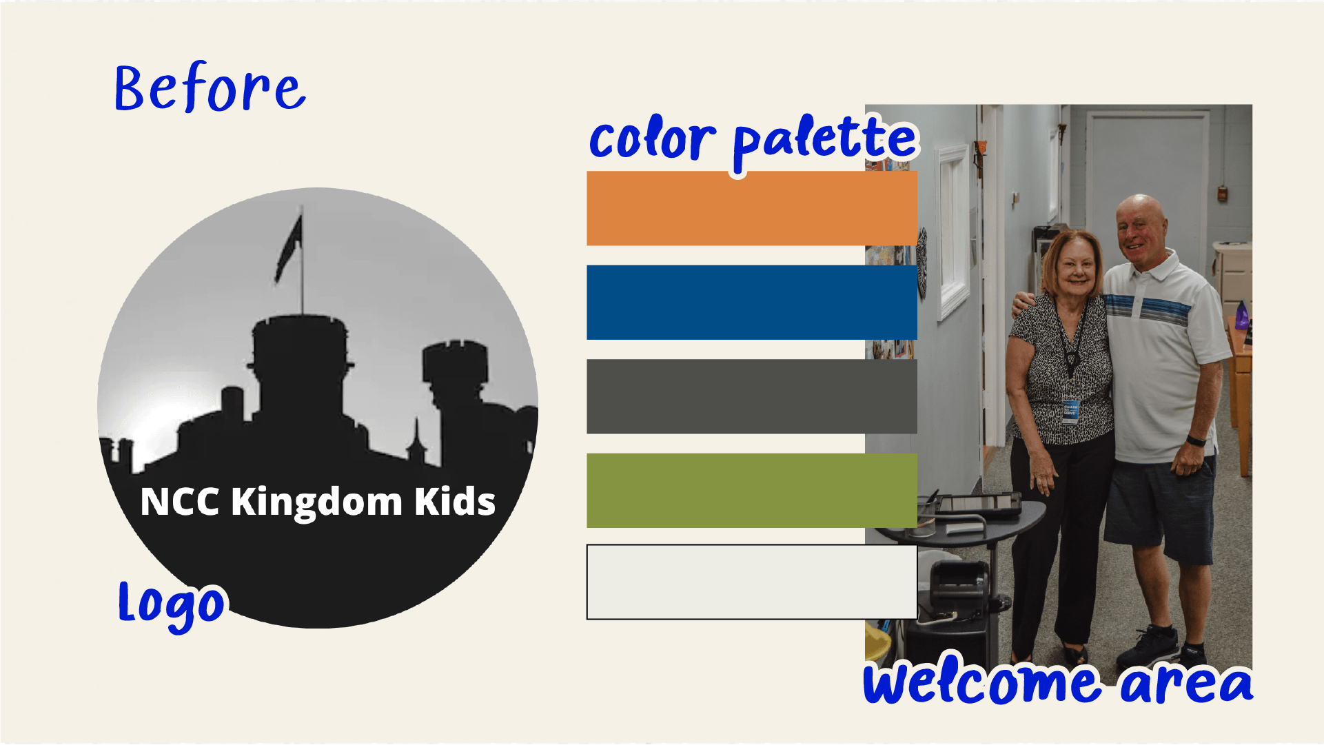 Nesconset Christian Church's Kids Ministry Brand before the rebrand by Paxton Todd. This shows old logo, color palette, and the halls before the murals