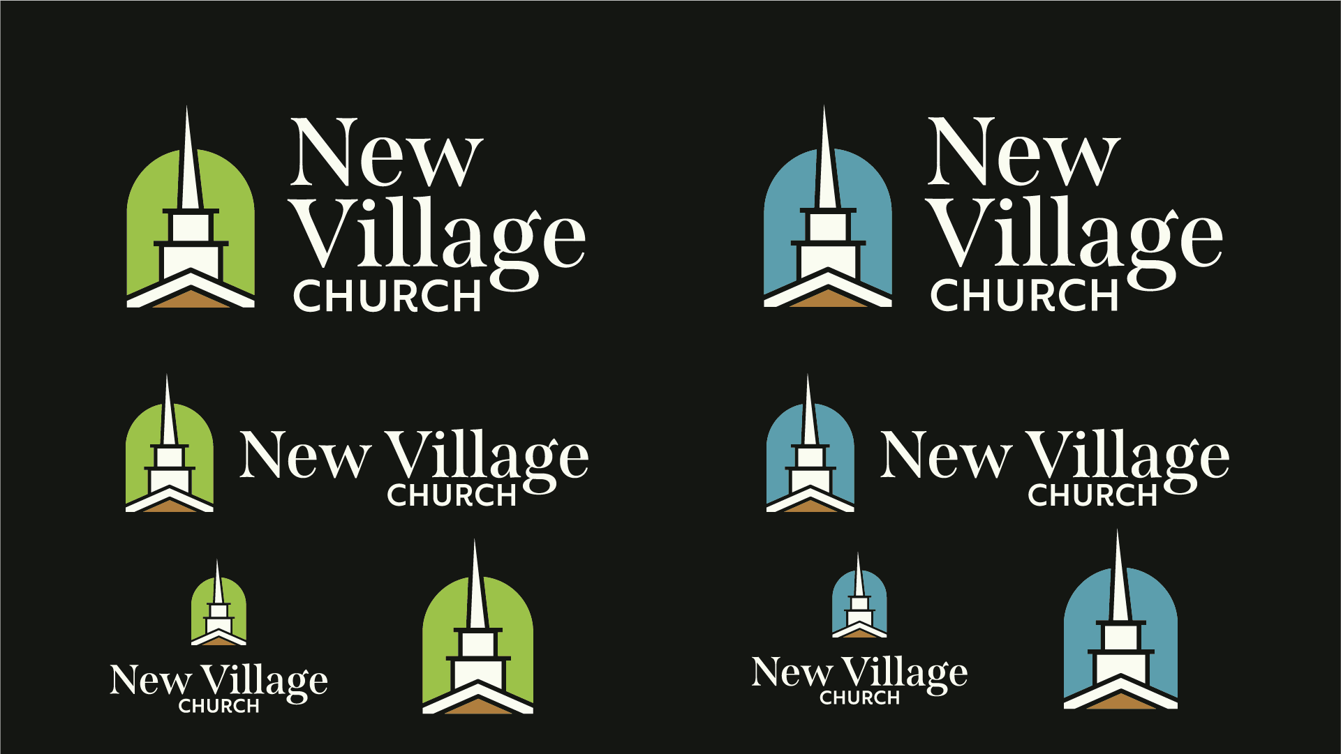 New Village Church Branding and Logo Suite in different colors on dark background