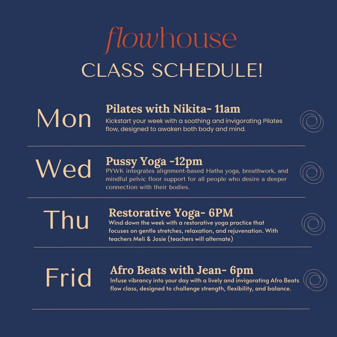 🌟 FlowHouse's dynamic class schedule! 💫✨ Whether you're seeking an energizing Afro Beats flow or a soothing Pilates session, we've got something for every body and every mood. Here's a glimpse of what's in store:

🔥 **Monday**
Kickstart your week 