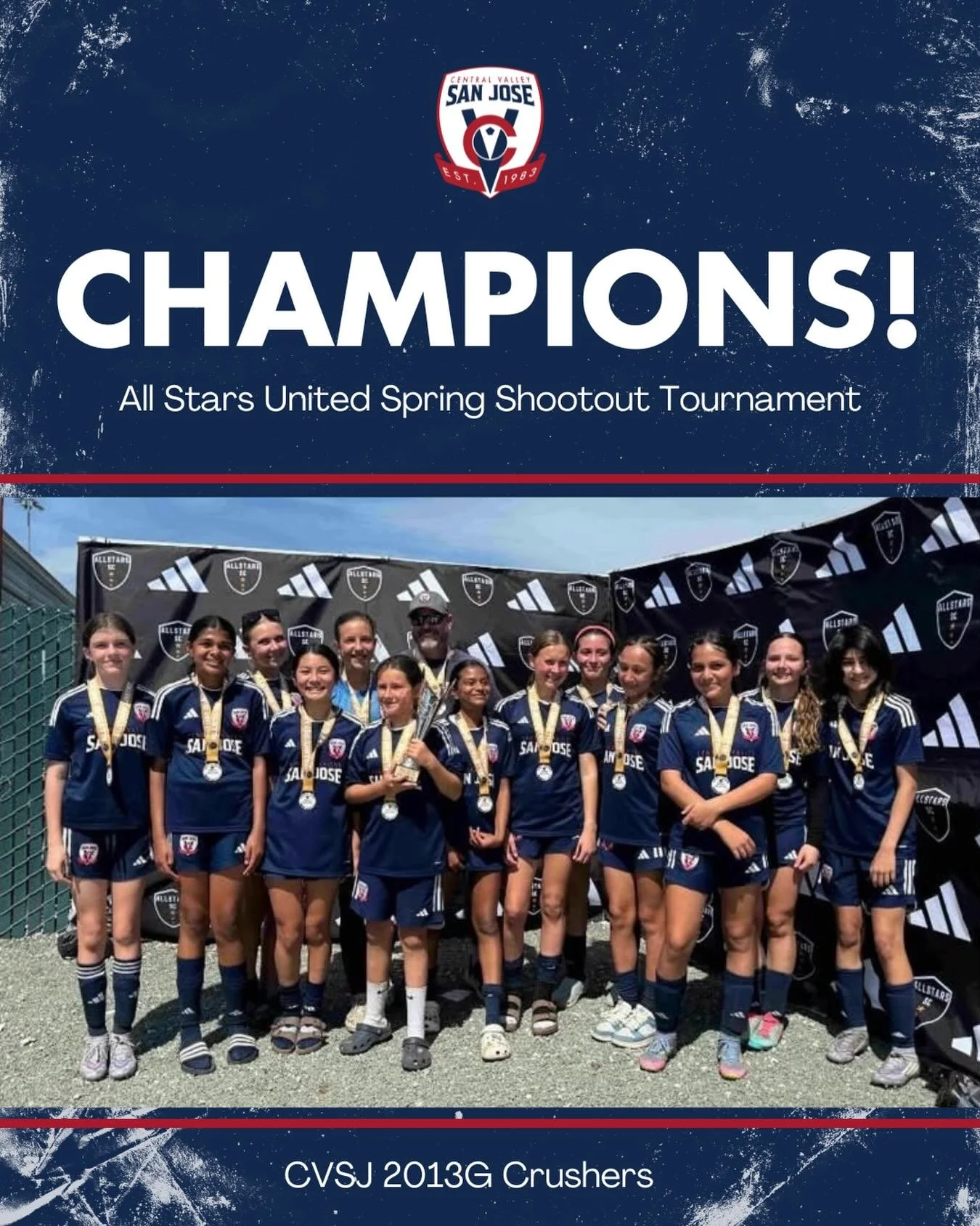 Congrats to our CVSJ 2013G Crushers for winning the Allstars United SC Spring Shootout this past weekend. Awesome job ladies! We&rsquo;re so proud of you all. #cvsj #champions