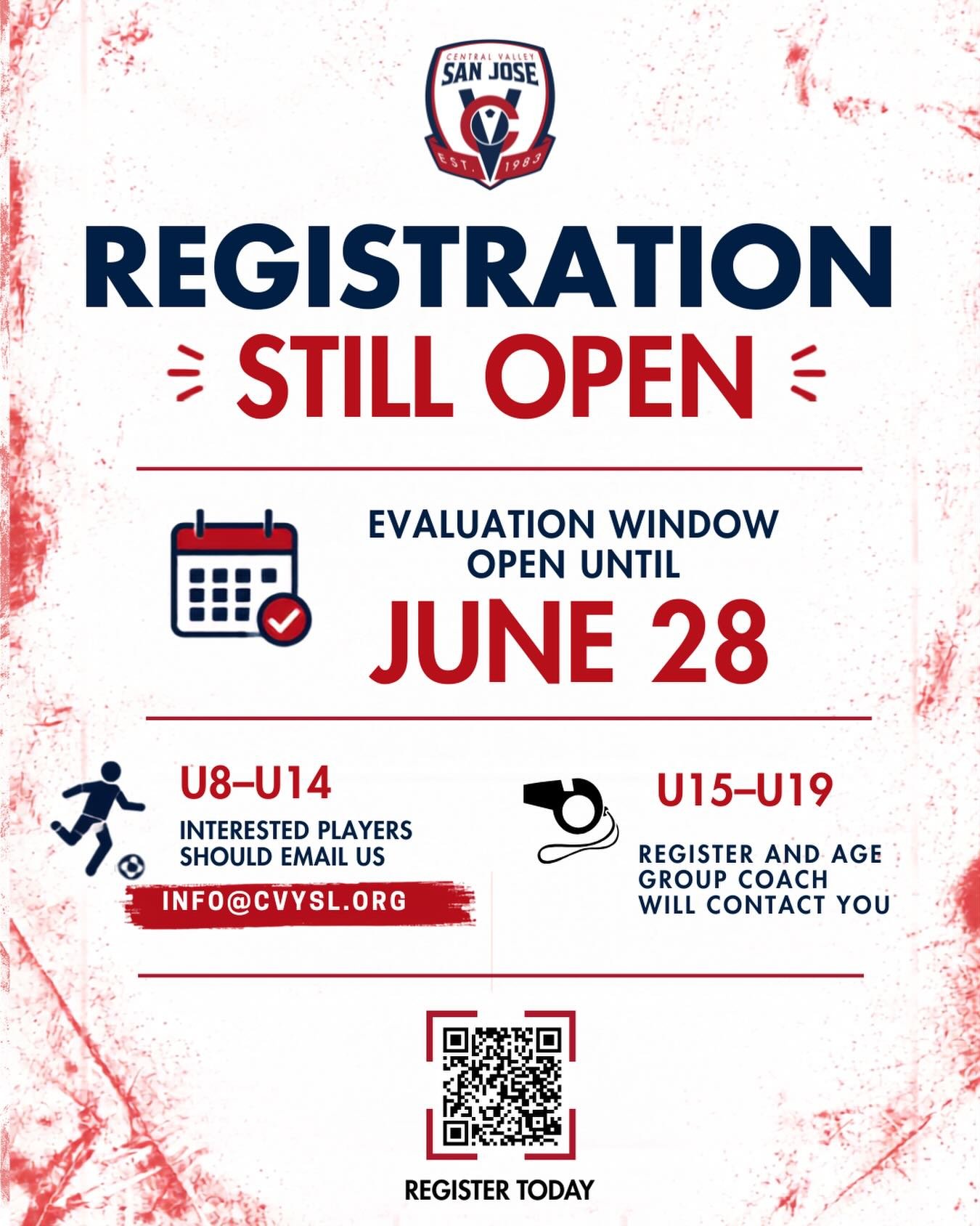 You still have time to join a CV San Jose soccer team. Tryout and registration window is open until June 28. Click the QR code, email us at info@cvysl.org, or visit our website at cvysl.org for all the details. #cvsanjose #sanjosesoccer