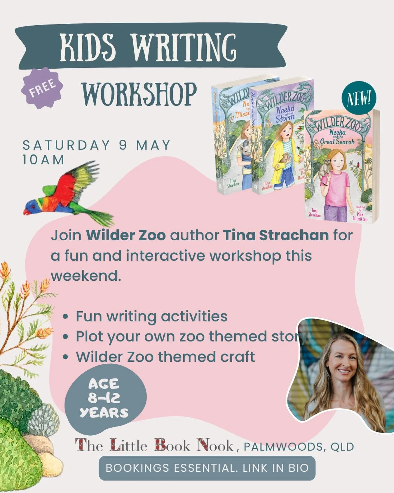 Sunshine Coast friends! Come and join me this Saturday 9 May for a fun, free kids writing workshop at The Little Book Nook in Palmwoods 🦜

There&rsquo;ll be fun writing activities, we&rsquo;ll plot zoo based adventures, and do some Wilder Zoo themed