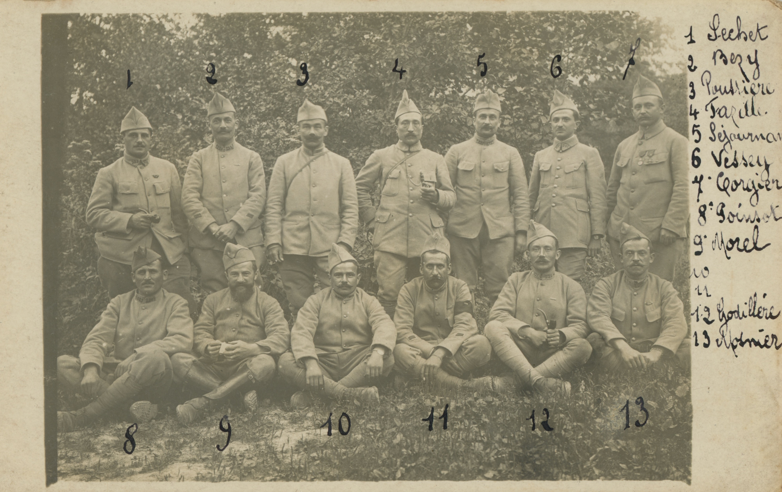 (18.33.A) Group photo of infantrymen of the 221st Infantry Regiment
Date: September 1st 1918
Location: Camp des Hauts-Bâtis, France (51)
Unit: 221st Infantry Regiment
Author: ?
Present in the photo:
1.
2. Marie Joseph Paul BÉZY (Mle 1235)
FM:  tinyur