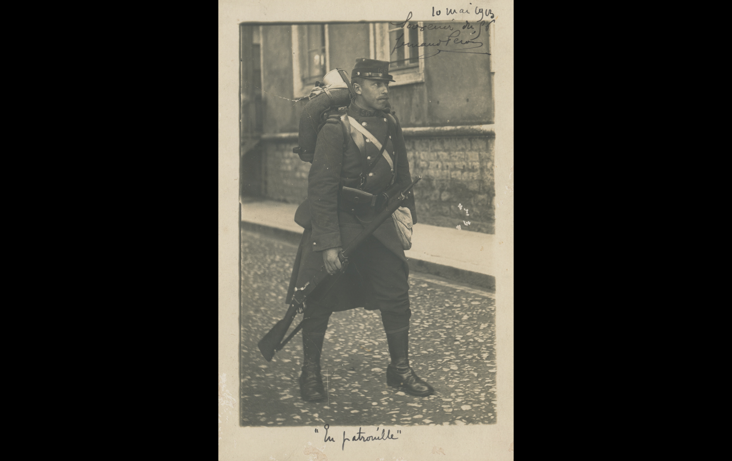 (14.18.A) Portrait of infantryman Fernand Marcel Gilbert PERON
Date: May 1913
Location: ?
Unit: 56th Infantry Regiment
Author: Fernand Marcel Gilbert PERON
Present in the photo:
1. Fernand Marcel Gilbert PERON (Mle 806)
FM:  tinyurl.com/4ddetpe2 