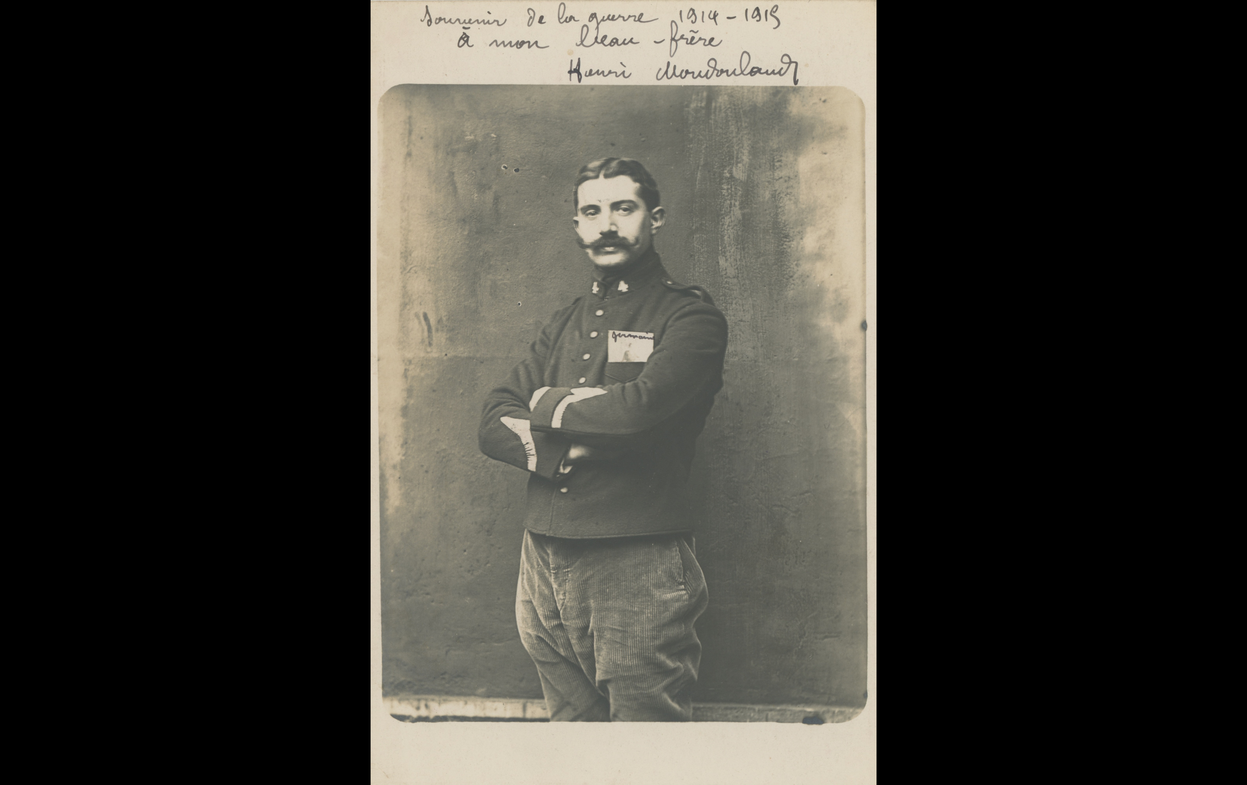 (15.50.A) Portrait of artilleryman Joseph Henri MOUDOULAUD
Date: February 11th 1915
Location: Studio
Unit: 4th Artillery Regiment on Foot
Author: Joseph Henri MOUDOULAUD
Present in the photo: 
1. Joseph Henri MOUDOULAUD (Mle 3278)
FM:  tinyurl.com/yc