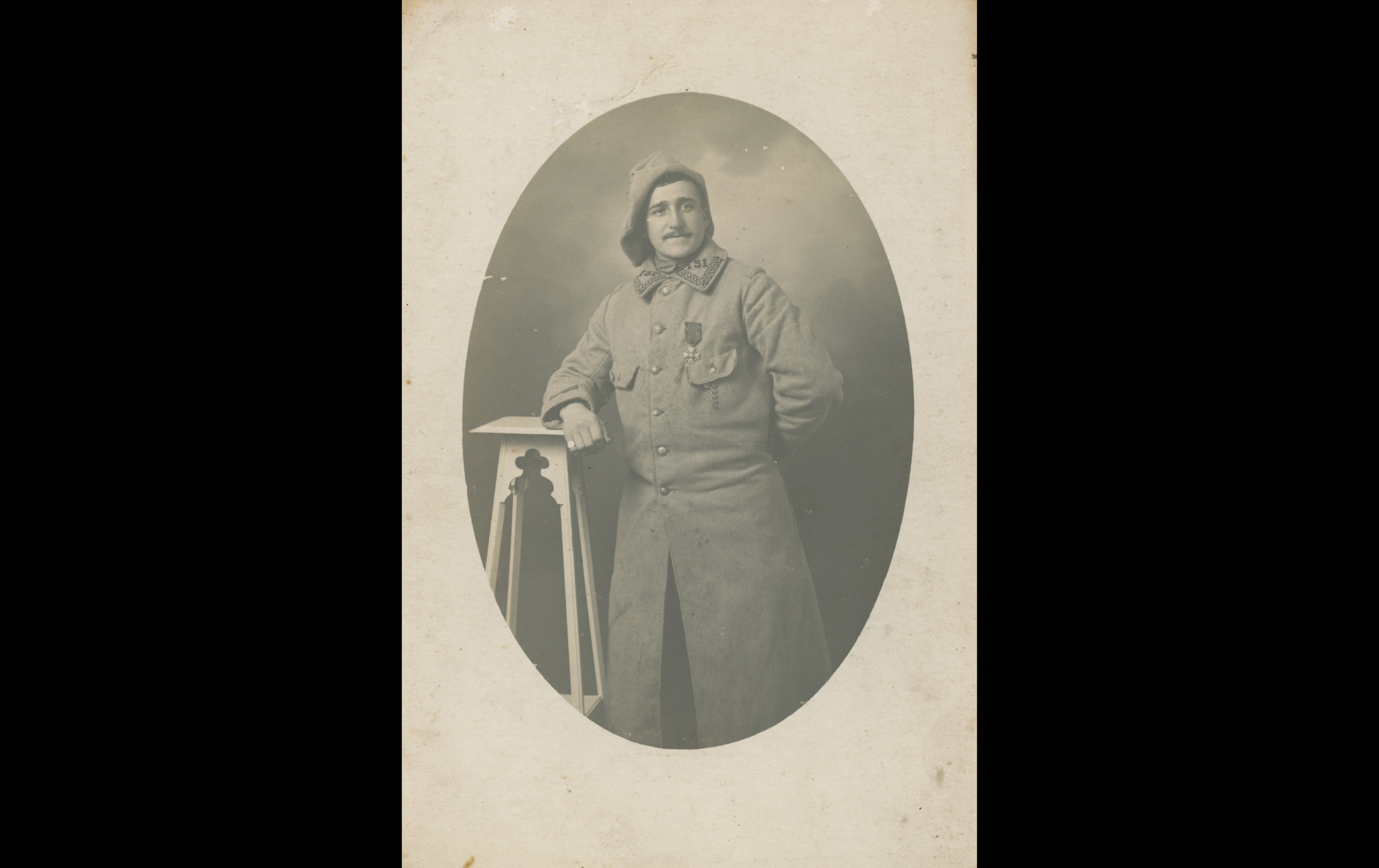 (15.5.A) Portrait of musician Edouard Jean Baptiste HESPEL
Date: November 21st 1915
Location: Studio
Unit: 151st Infantry Regiment
Author: Edouard Jean Baptiste HESPEL
Present in the photo: 
1. Edouard Jean Baptiste HESPEL (Mle 2931)
FM:  tinyurl.com